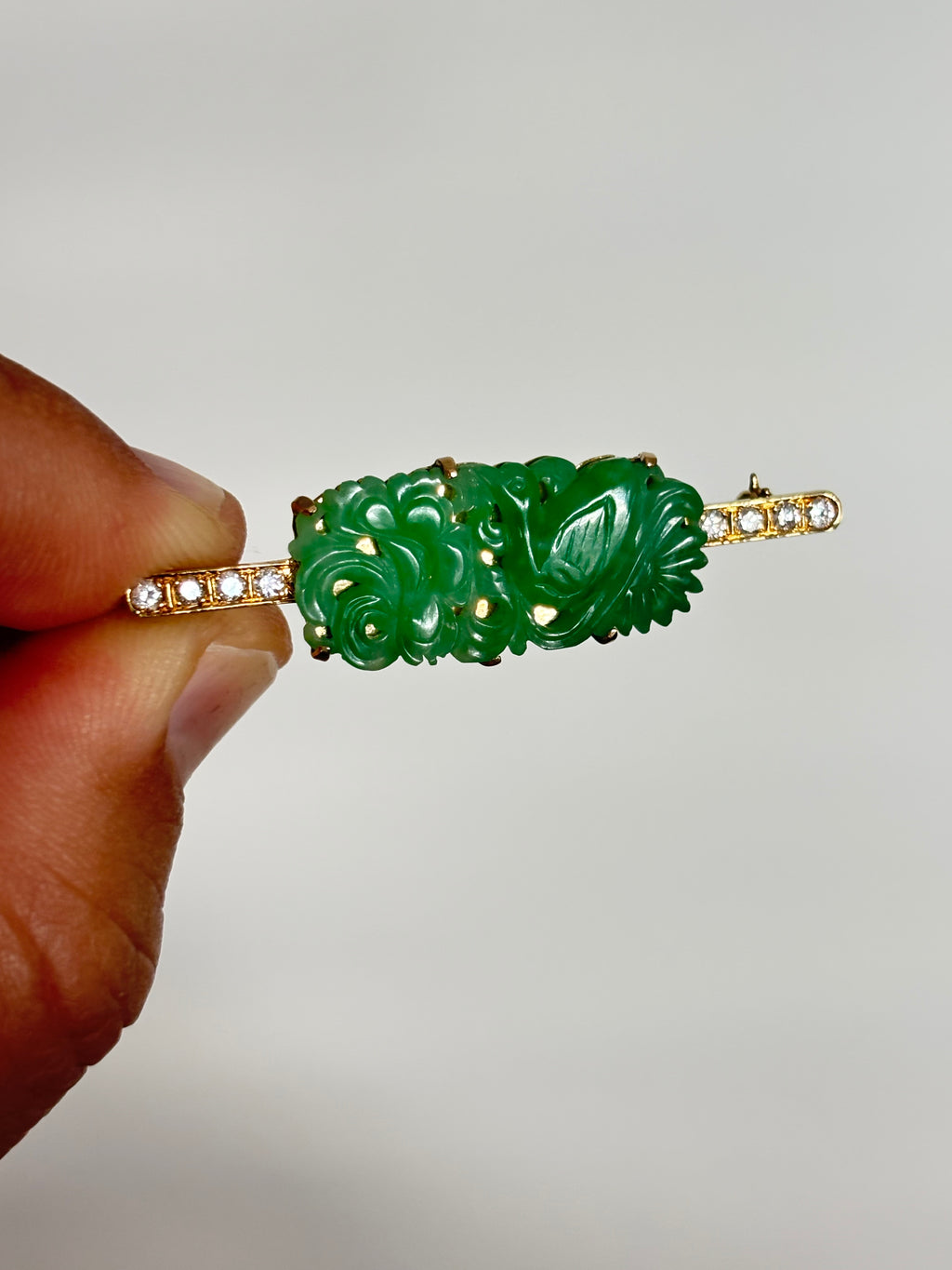 Natural Jadeite Jade and Diamond Brooch, Chinese Carved Jade & Gold, GCS Tested