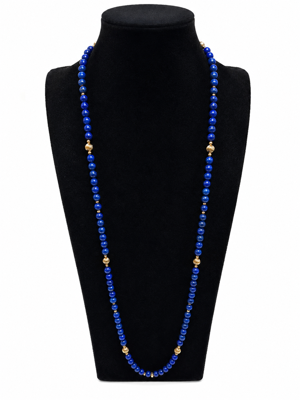 1980s Long Vintage Lapis Lazuli Bead Necklace 9 Carat Gold Fluted Spacers 100cm