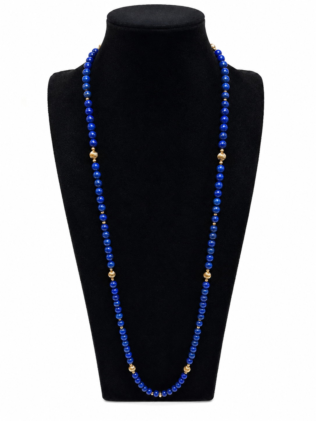 1980s Long Vintage Lapis Lazuli Bead Necklace 9 Carat Gold Fluted Spacers 100cm