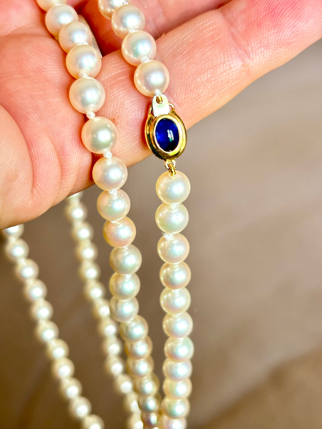 Long Japanese Akoya Cultured Pearl Opera Necklace, 18 Karat Gold Sapphire & Emerald Clasp, 98 cm