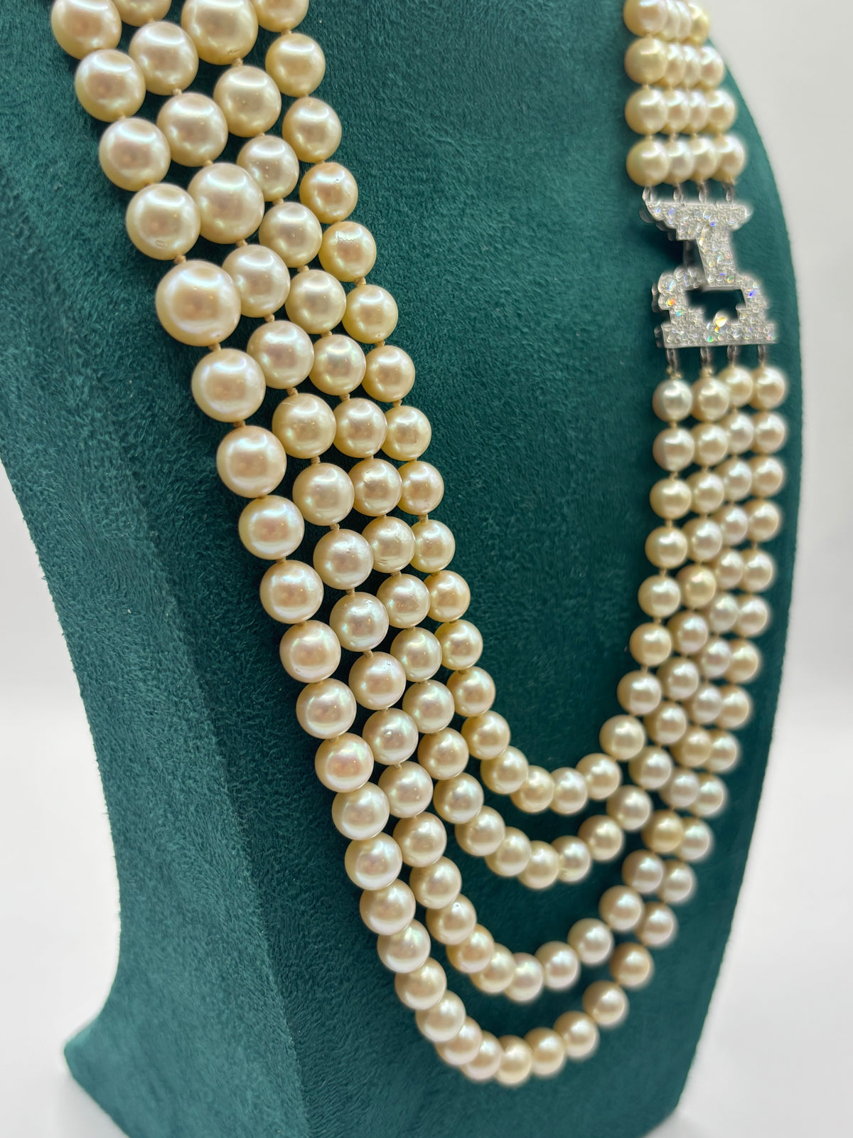 Long Vintage Four-Strand Akoya Pearl Necklace Art Deco Diamonds & Platinum Clasp 1950’s