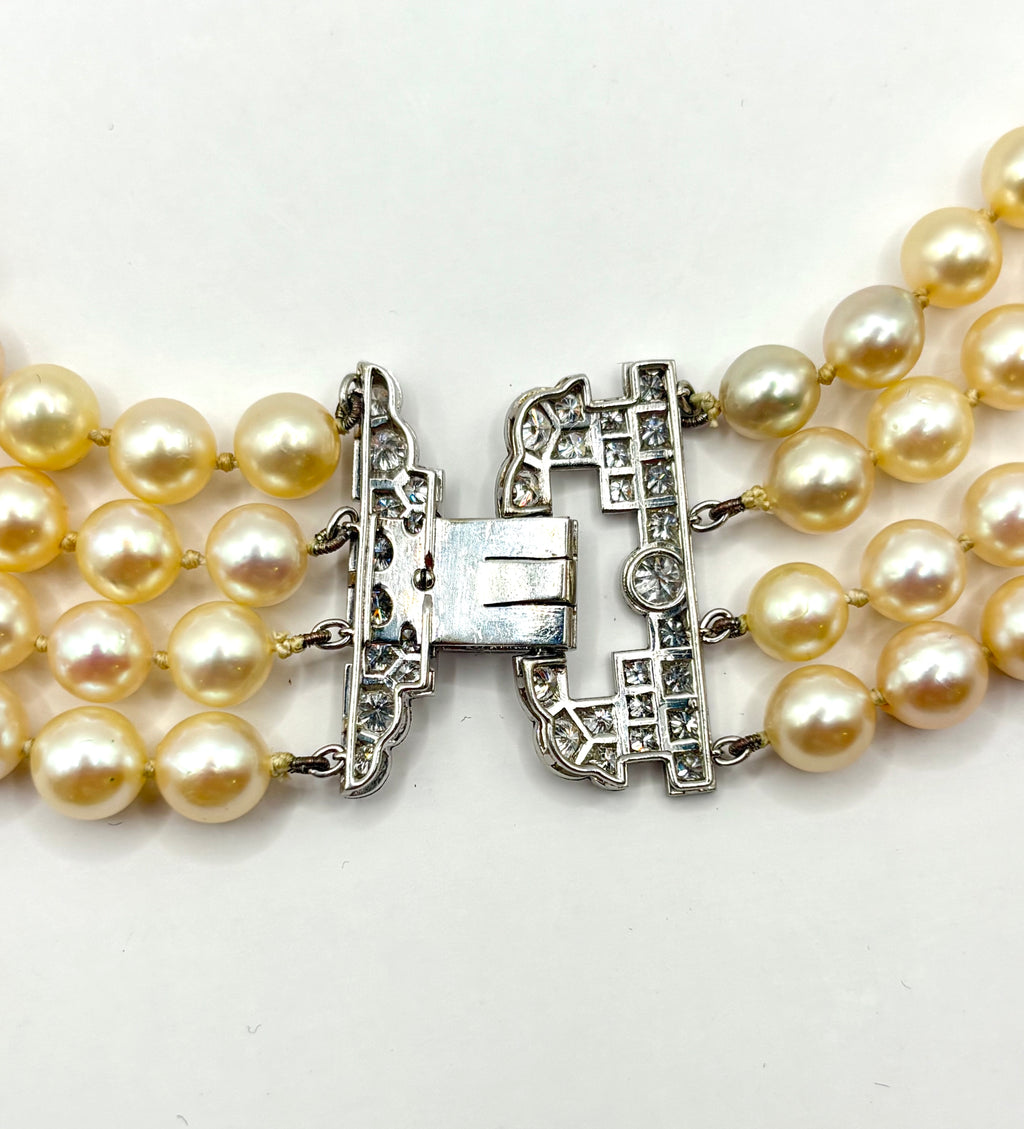 Long Vintage Four-Strand Akoya Pearl Necklace Art Deco Diamonds & Platinum Clasp 1950’s