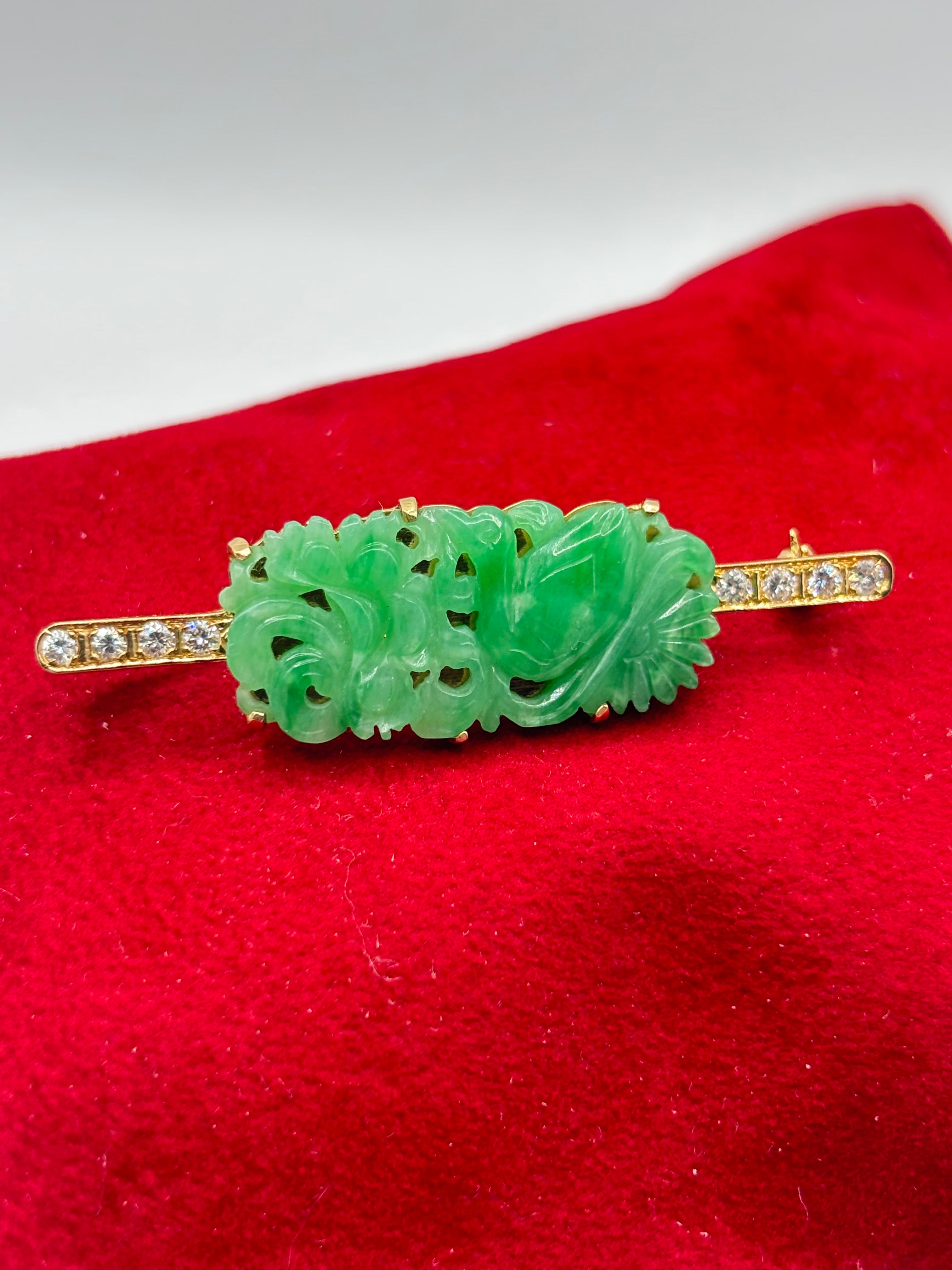 Natural Jadeite Jade and Diamond Brooch, Chinese Carved Jade & Gold, GCS Tested