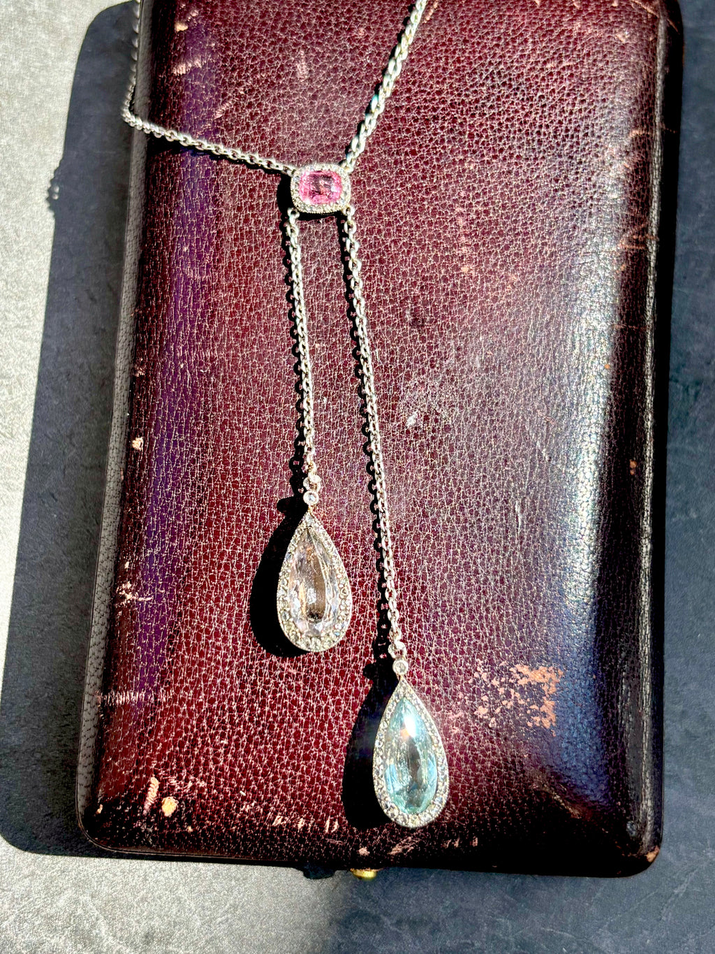 Antique French Edwardian Aquamarine, Pink Tourmaline, Morganite Diamond Negligee Necklace