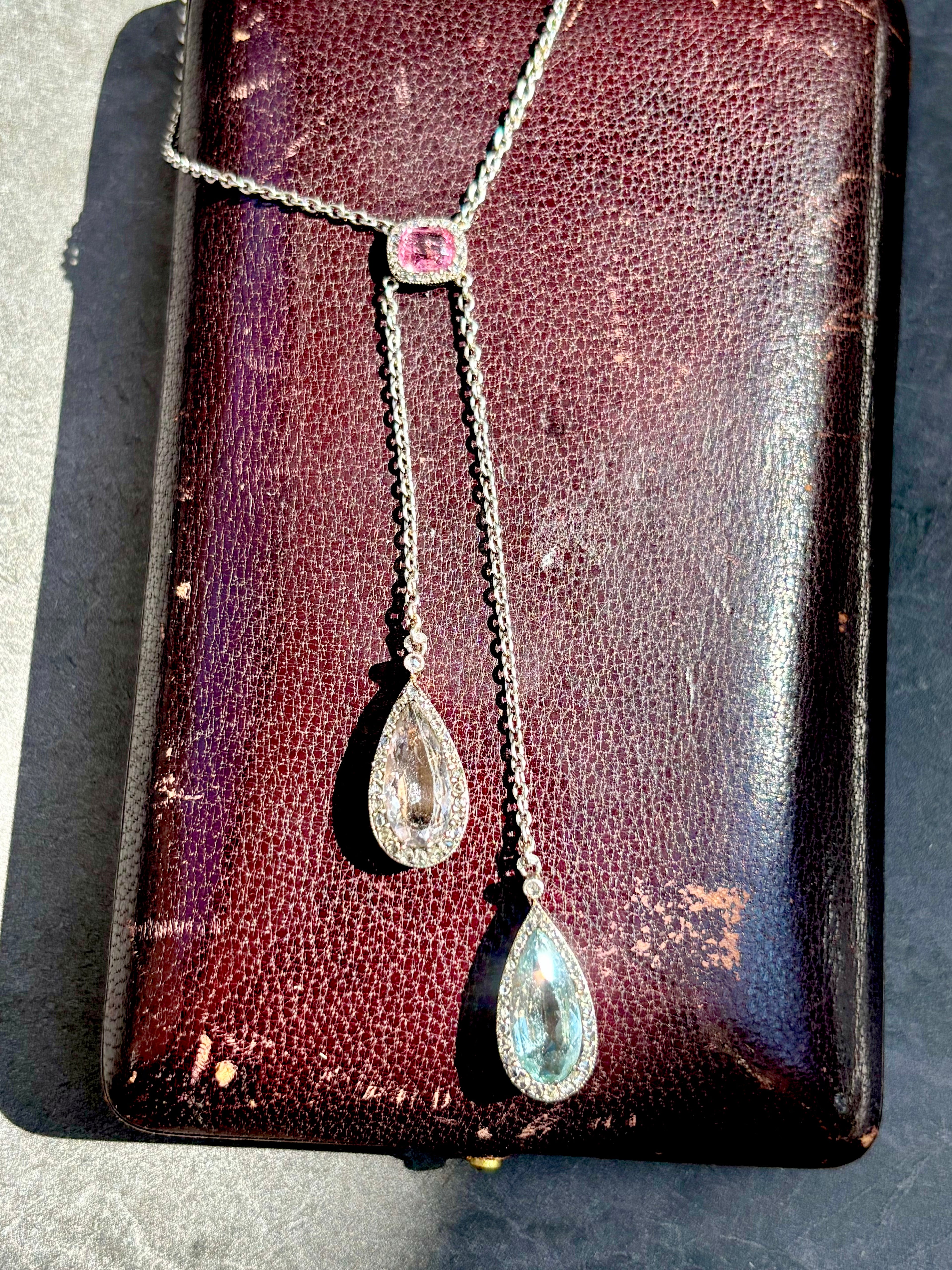 Antique French Edwardian Aquamarine, Pink Tourmaline, Morganite Diamond Negligee Necklace