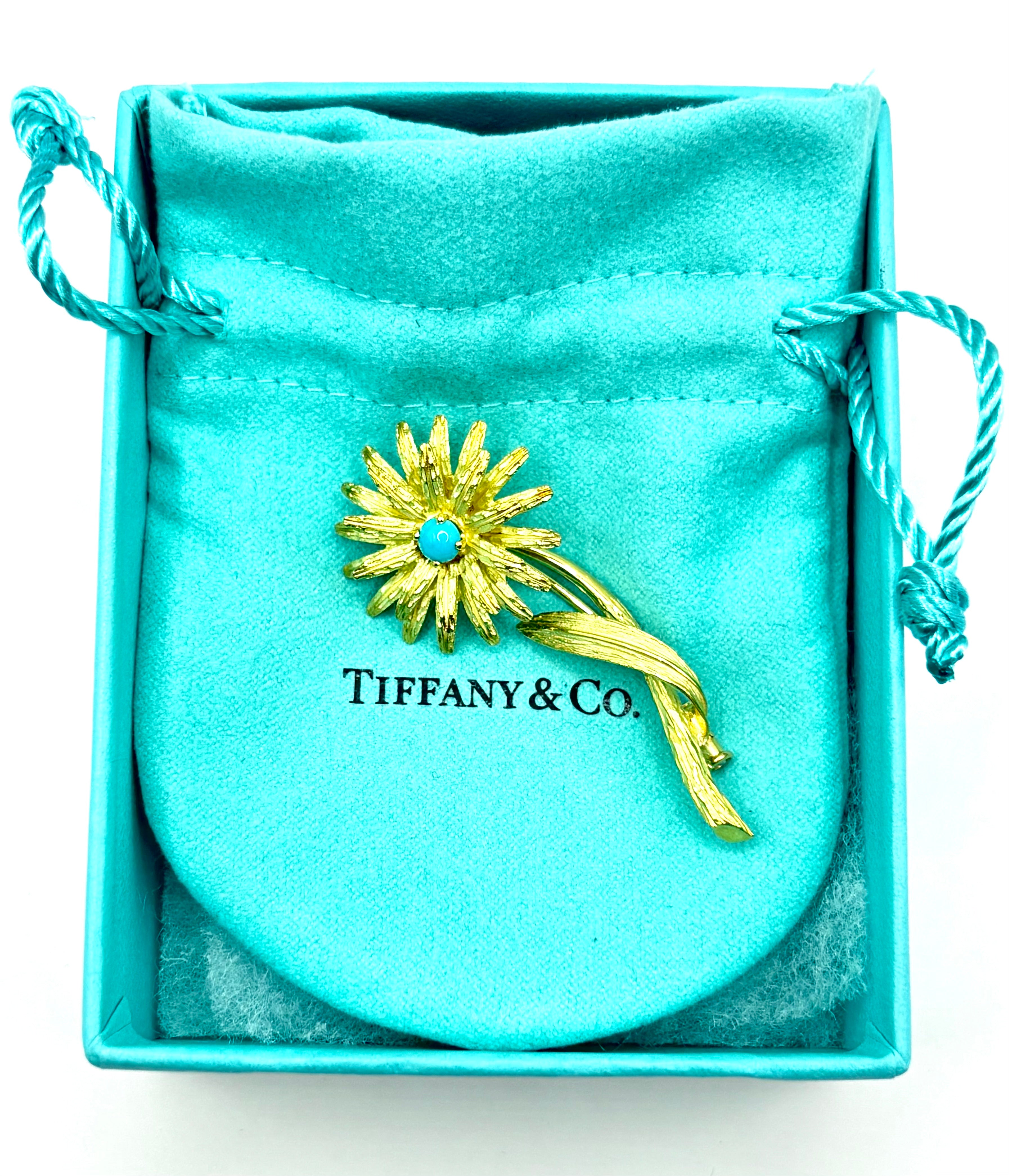 Vintage Tiffany & Co. France Turquoise Flower Brooch in Textured 18K Gold, 1960