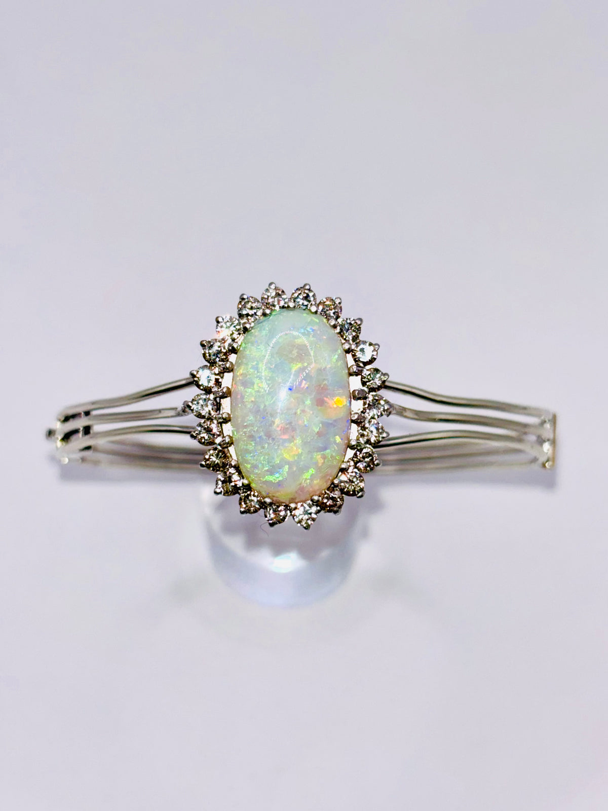 Vintage Opal Bangle 9.63 Carat Opal, 1.8 Carat Diamond 14K White Gold