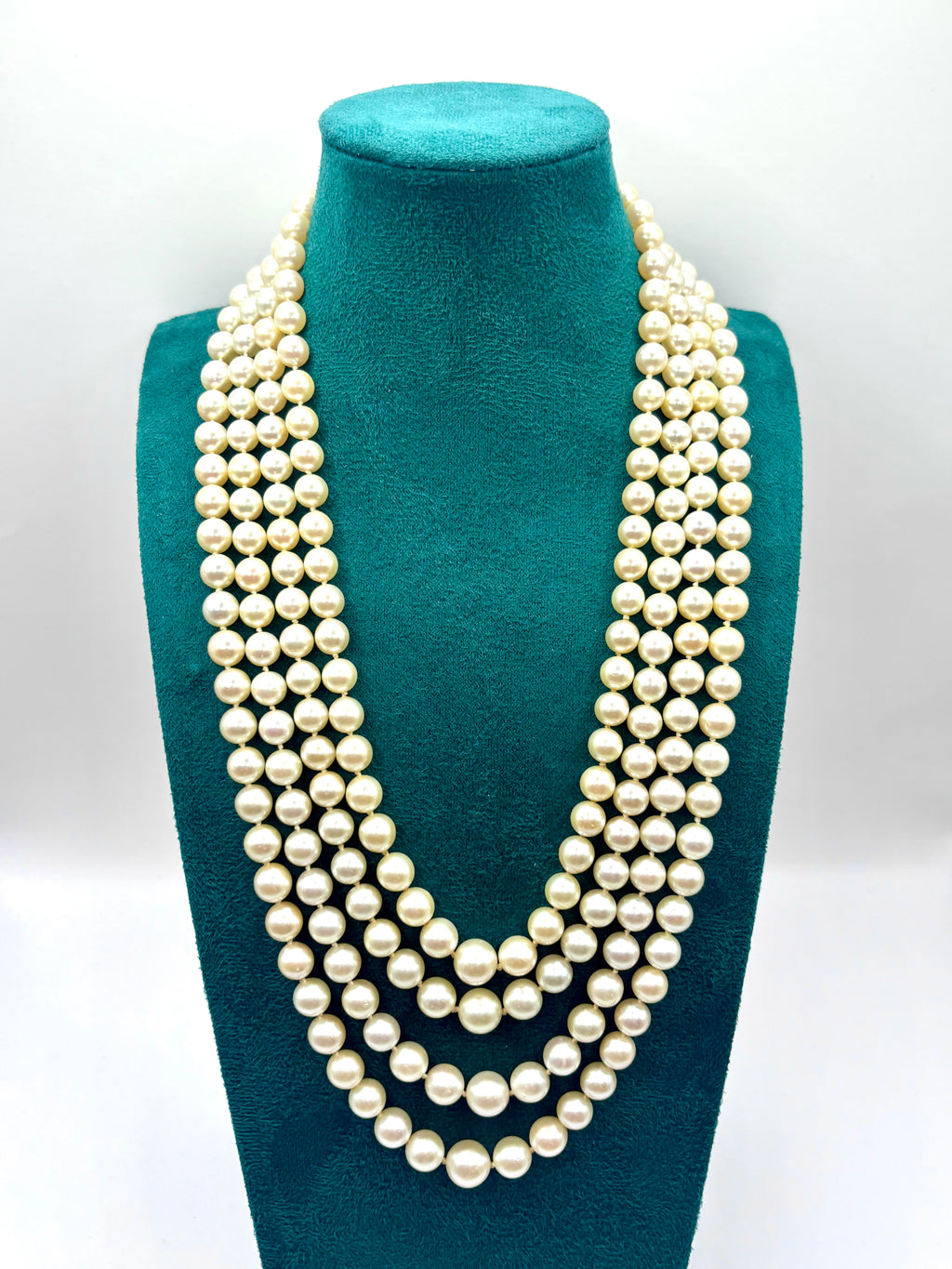 Long Vintage Four-Strand Akoya Pearl Necklace Art Deco Diamonds & Platinum Clasp 1950’s
