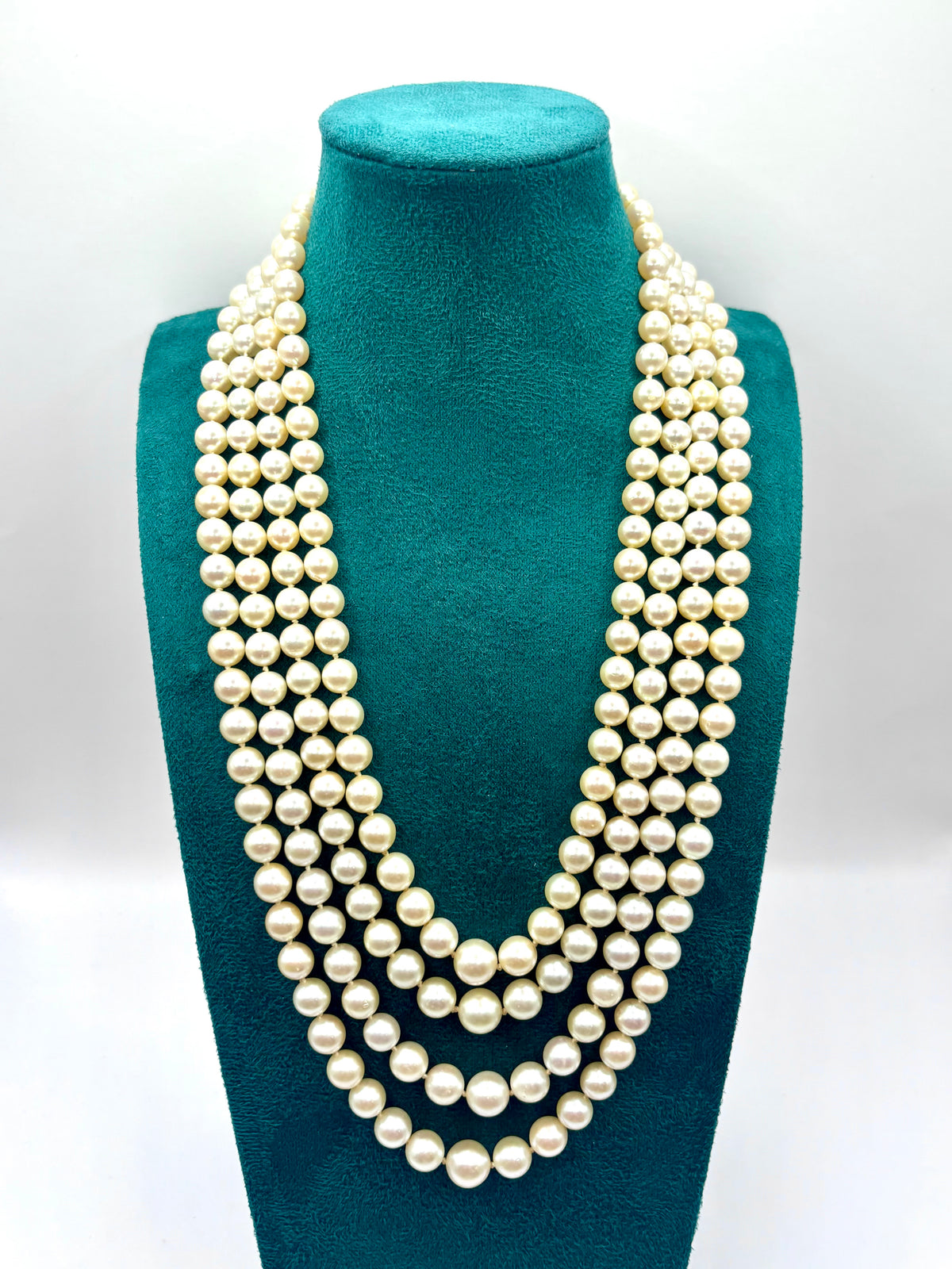 Long Vintage Four-Strand Akoya Pearl Necklace Art Deco Diamonds & Platinum Clasp 1950’s