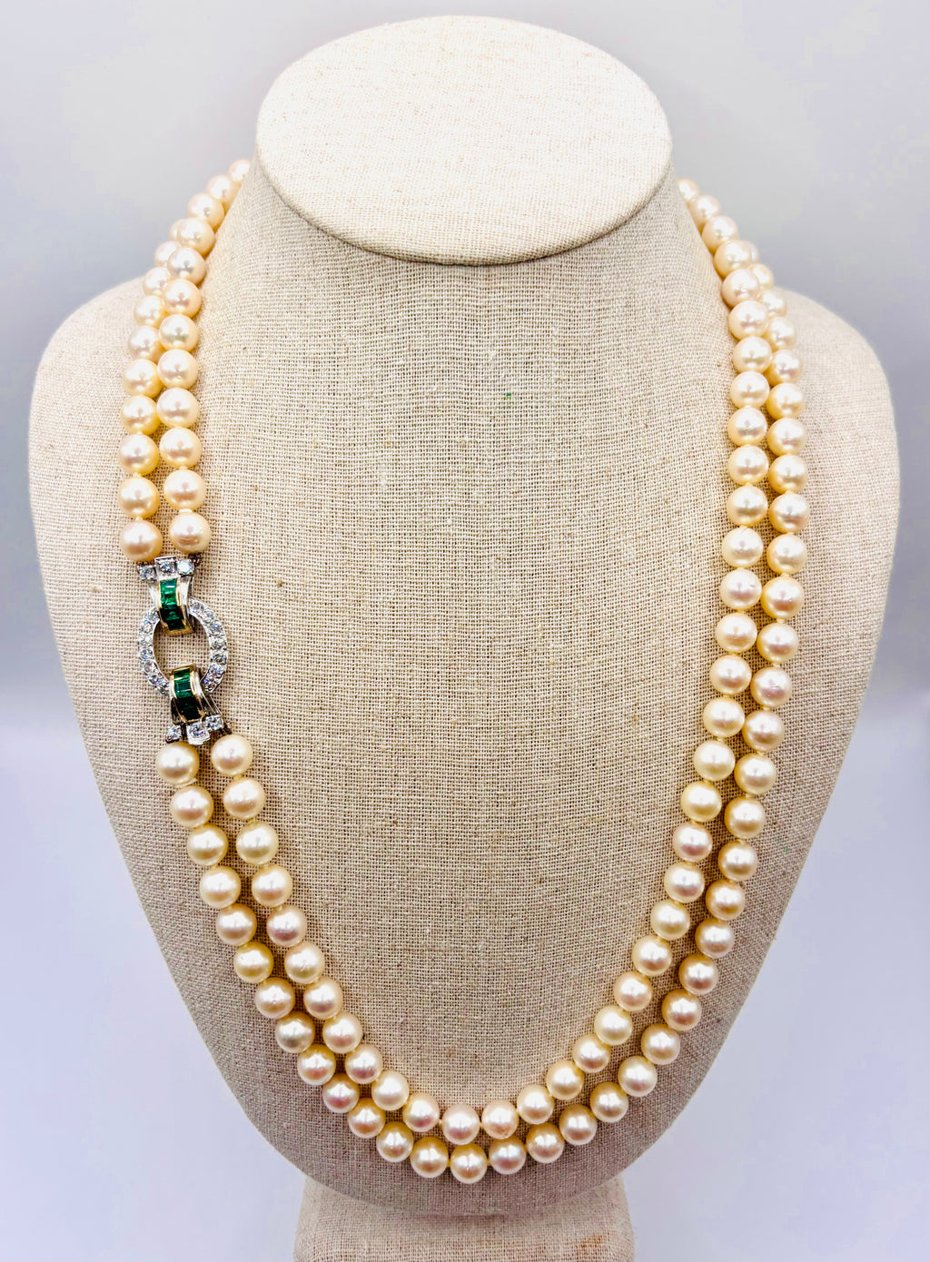 Exceptional Mid-Century Double-Strand Akoya Pearl Necklace 18K Gold Emeralds and Diamonds