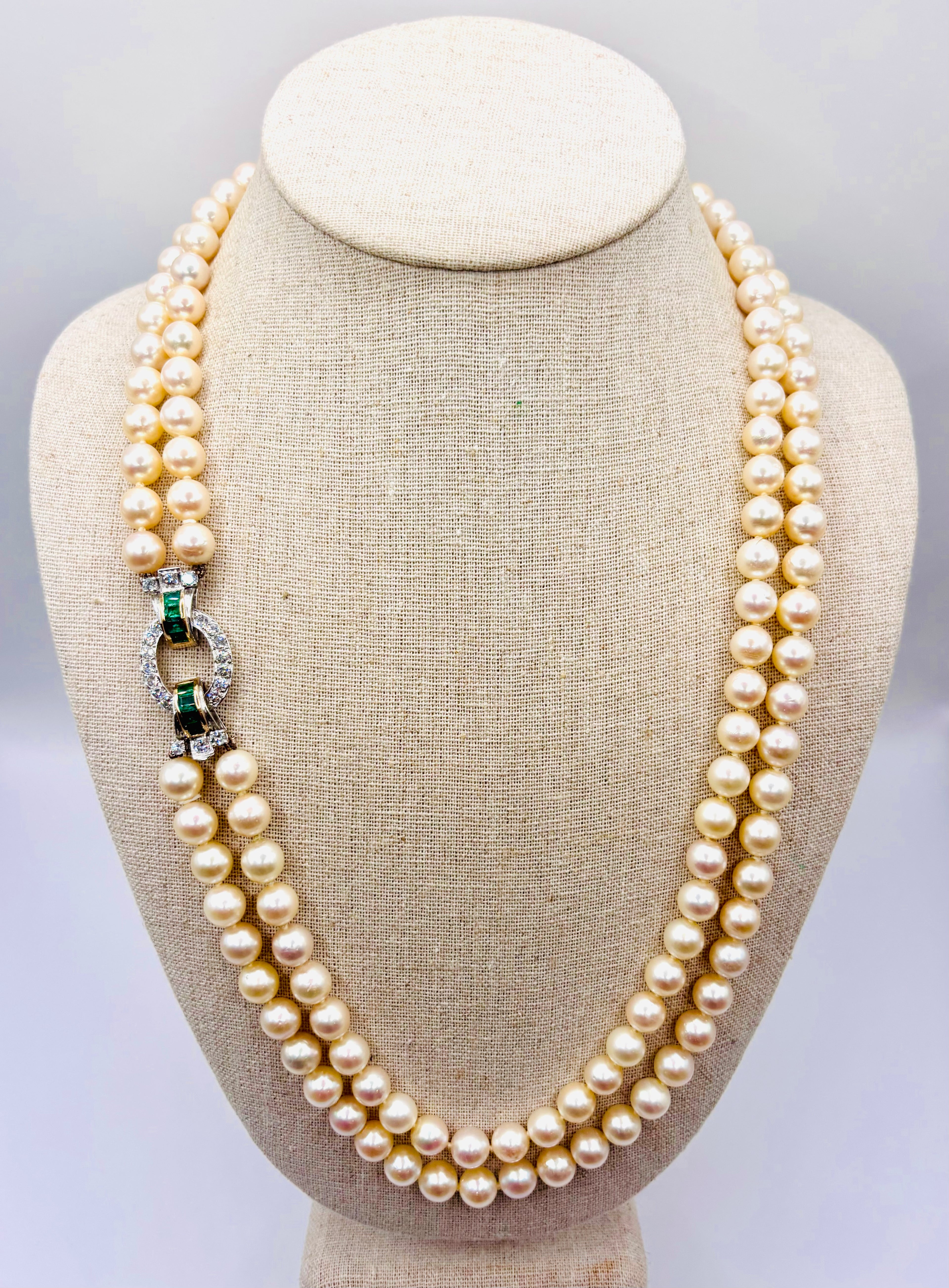 Exceptional Mid-Century Double-Strand Akoya Pearl Necklace 18K Gold Emeralds and Diamonds