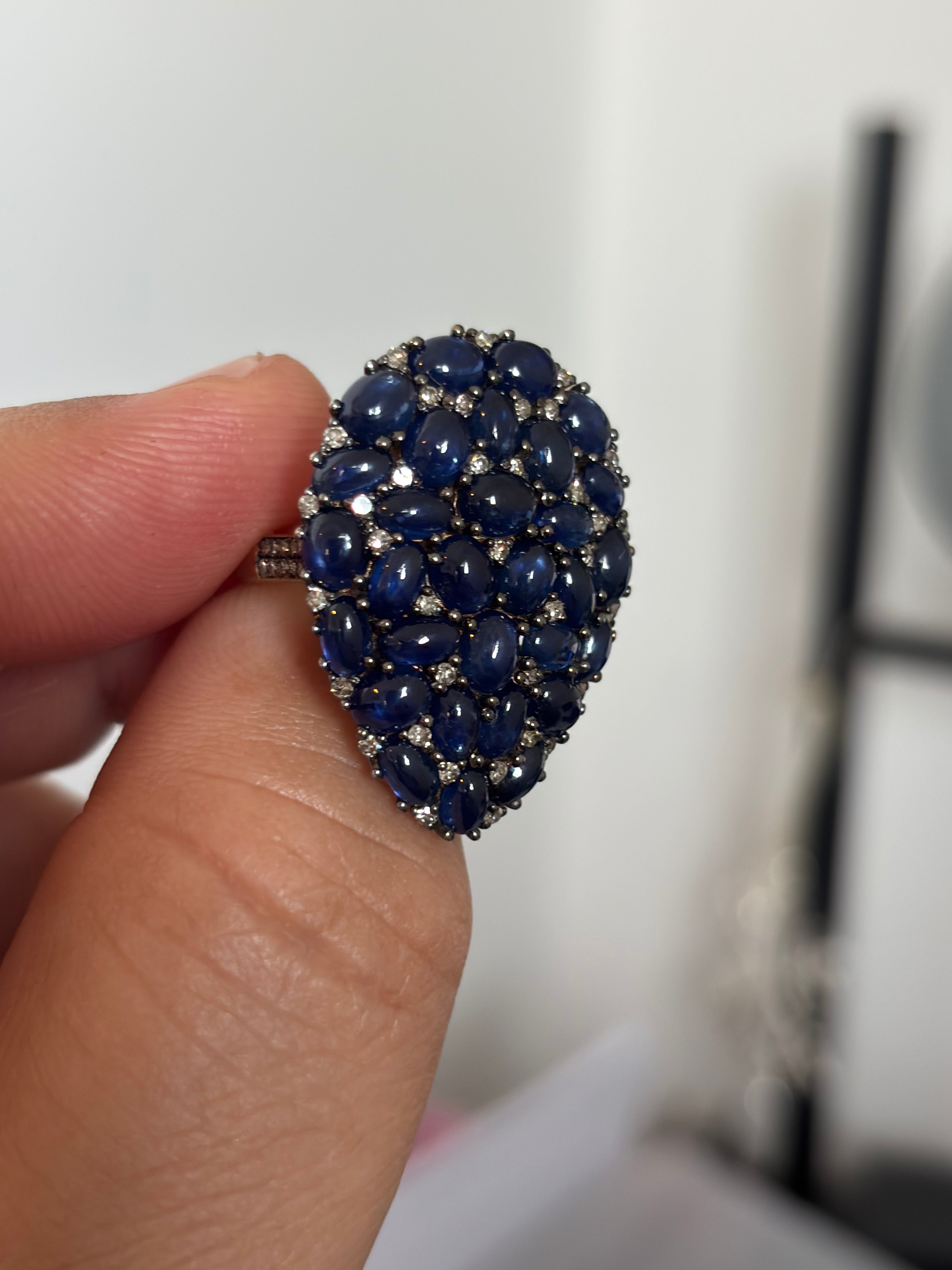 Natural Sapphire Cabochon and Diamond Statement Cocktail Ring, 13 Carats of Sapphires, 18K Gold & Silver