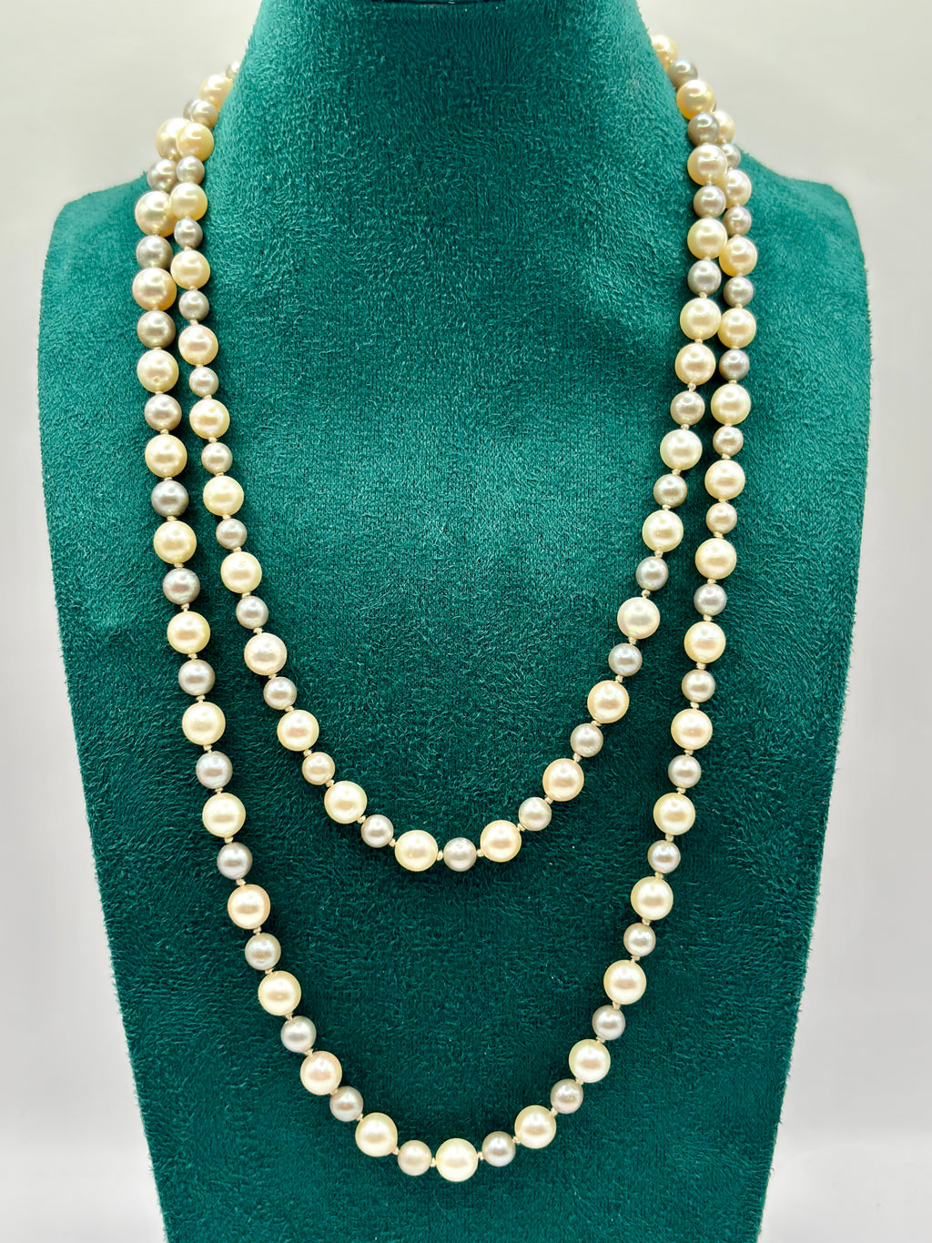Vintage Two Tone Long Cultured Pearl Necklace 120 cm, 18K Gold Clasp - made in Italy