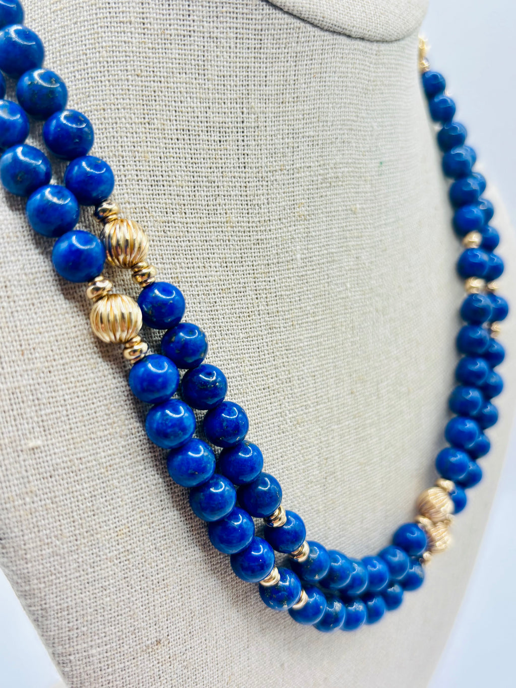 1980s Long Vintage Lapis Lazuli Bead Necklace 9 Carat Gold Fluted Spacers 100cm