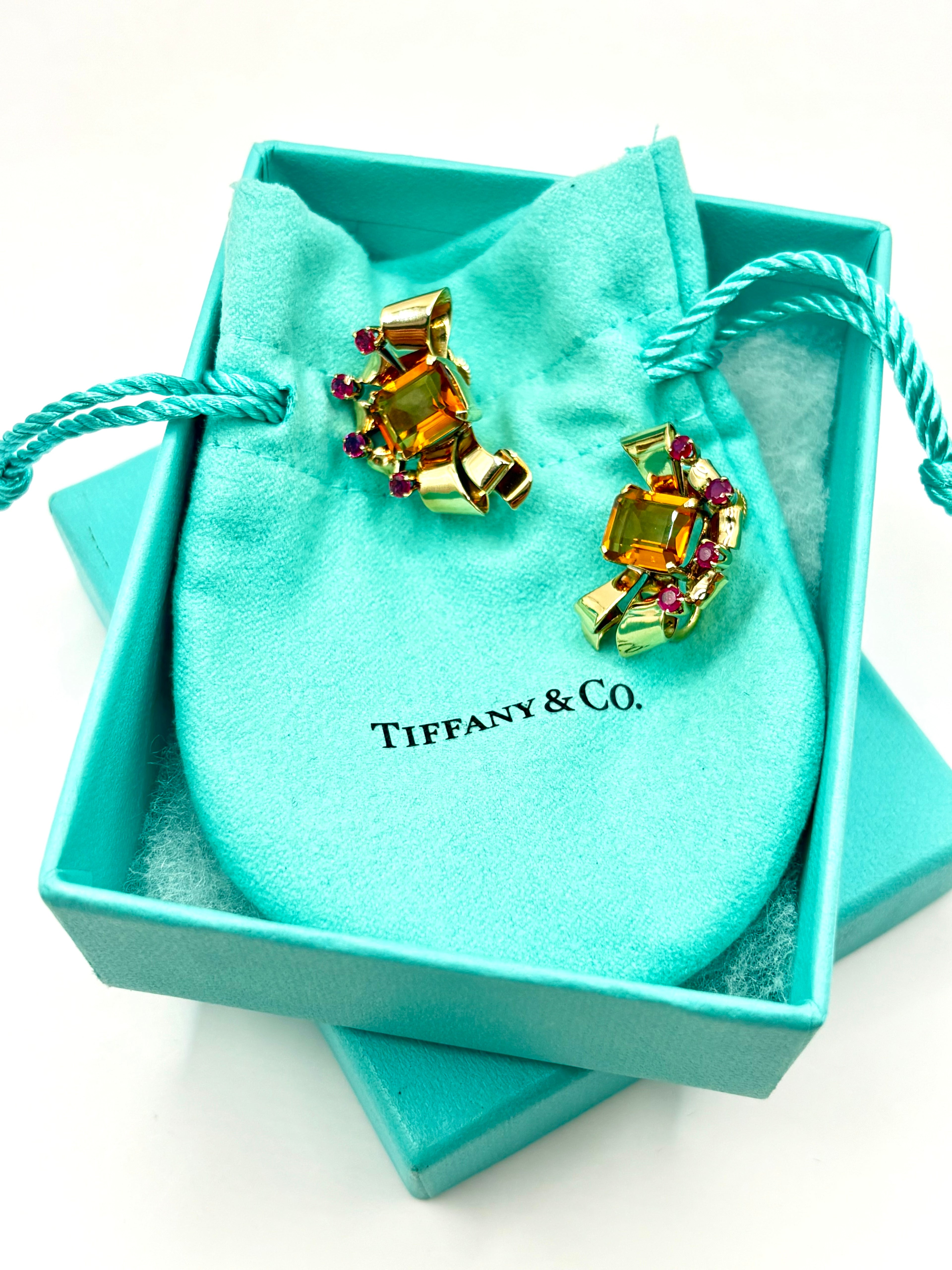 Tiffany & Co Retro 14 Karat Gold Citrine and Ruby Earrings, Circa 1940