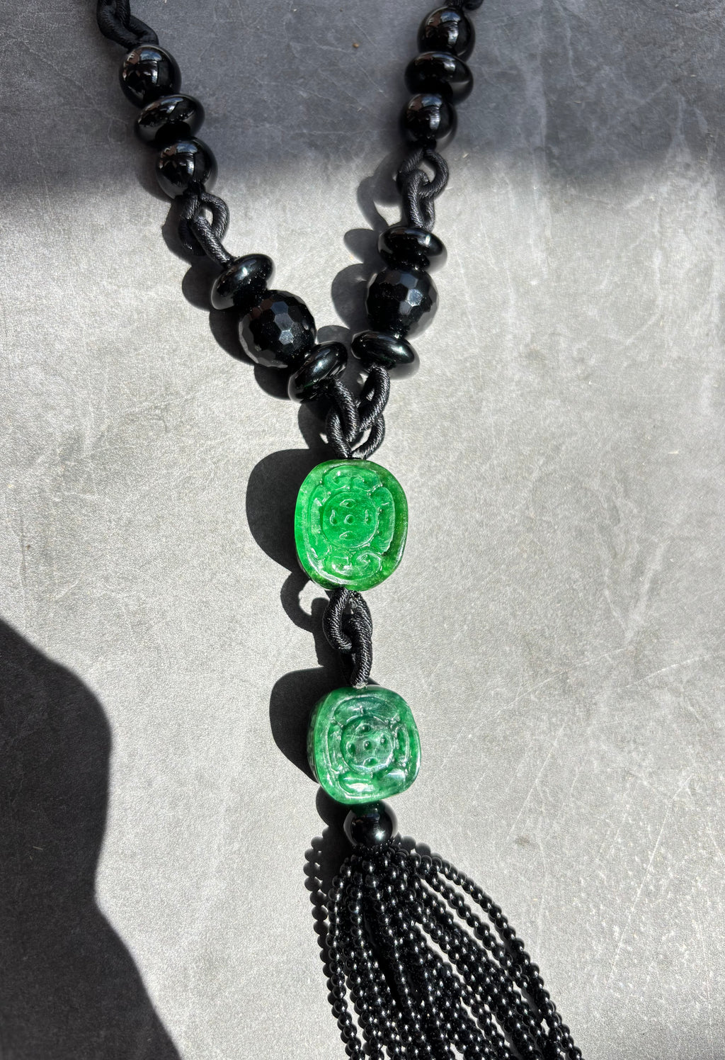 Vintage Long Carved Jadeite and Black Onyx Double-Strand Tassel Sautoir Necklace