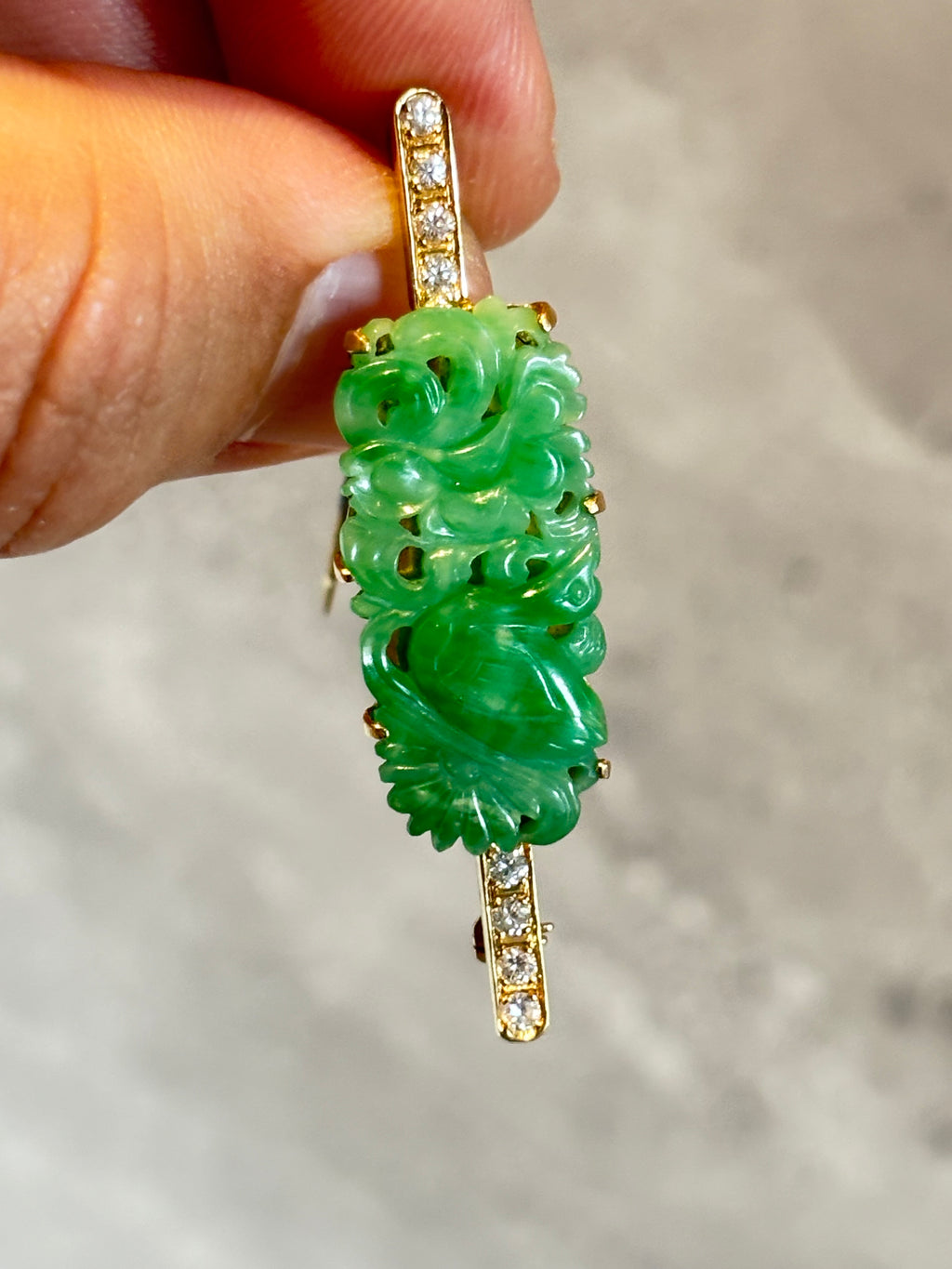 Natural Jadeite Jade and Diamond Brooch, Chinese Carved Jade & Gold, GCS Tested