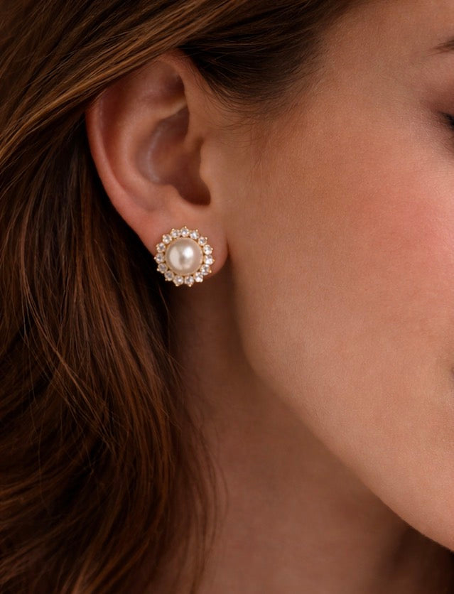 Vintage Pearl and Diamond Cluster Earrings, 9mm Pearls, 18ct Gold
