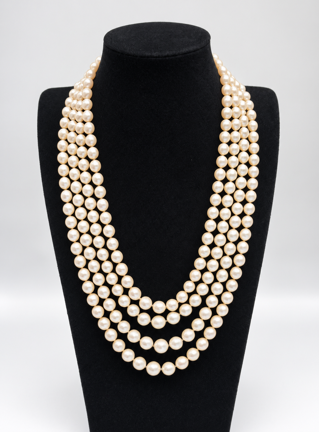 Long Vintage Four-Strand Akoya Pearl Necklace Art Deco Diamonds & Platinum Clasp 1950’s