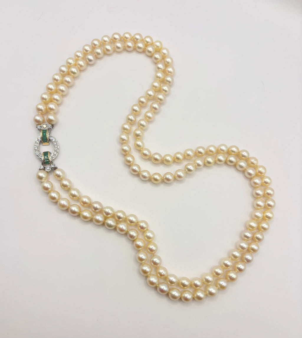Exceptional Mid-Century Double-Strand Akoya Pearl Necklace 18K Gold Emeralds and Diamonds