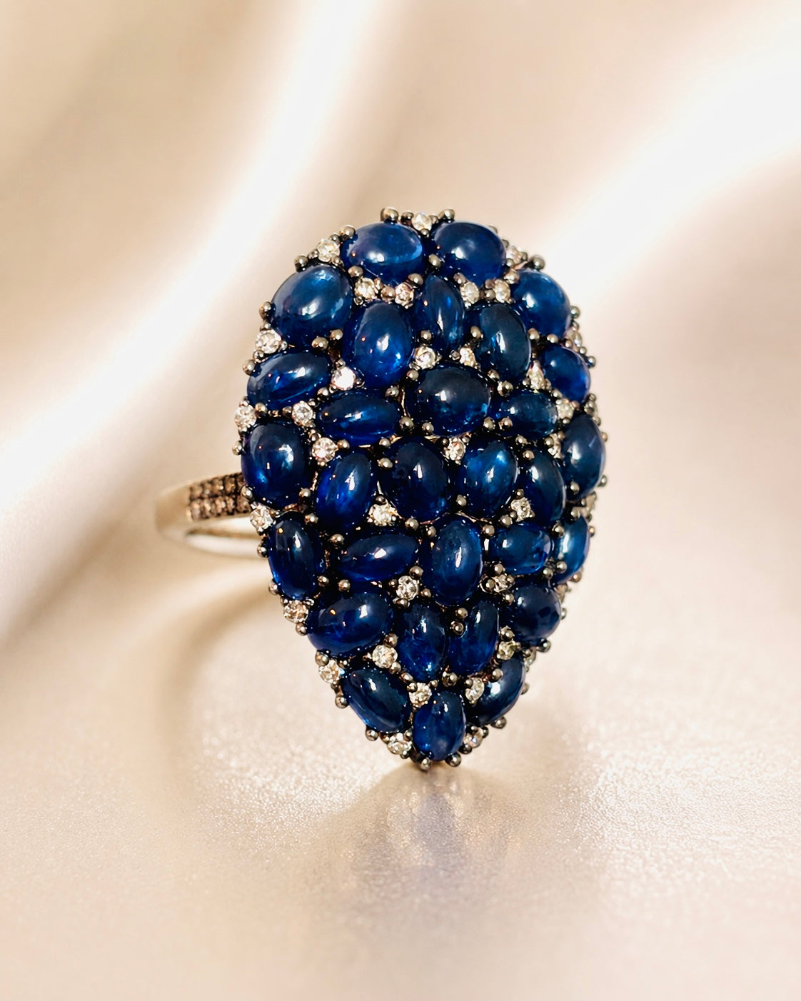 Natural Sapphire Cabochon and Diamond Statement Cocktail Ring, 13 Carats of Sapphires, 18K Gold & Silver