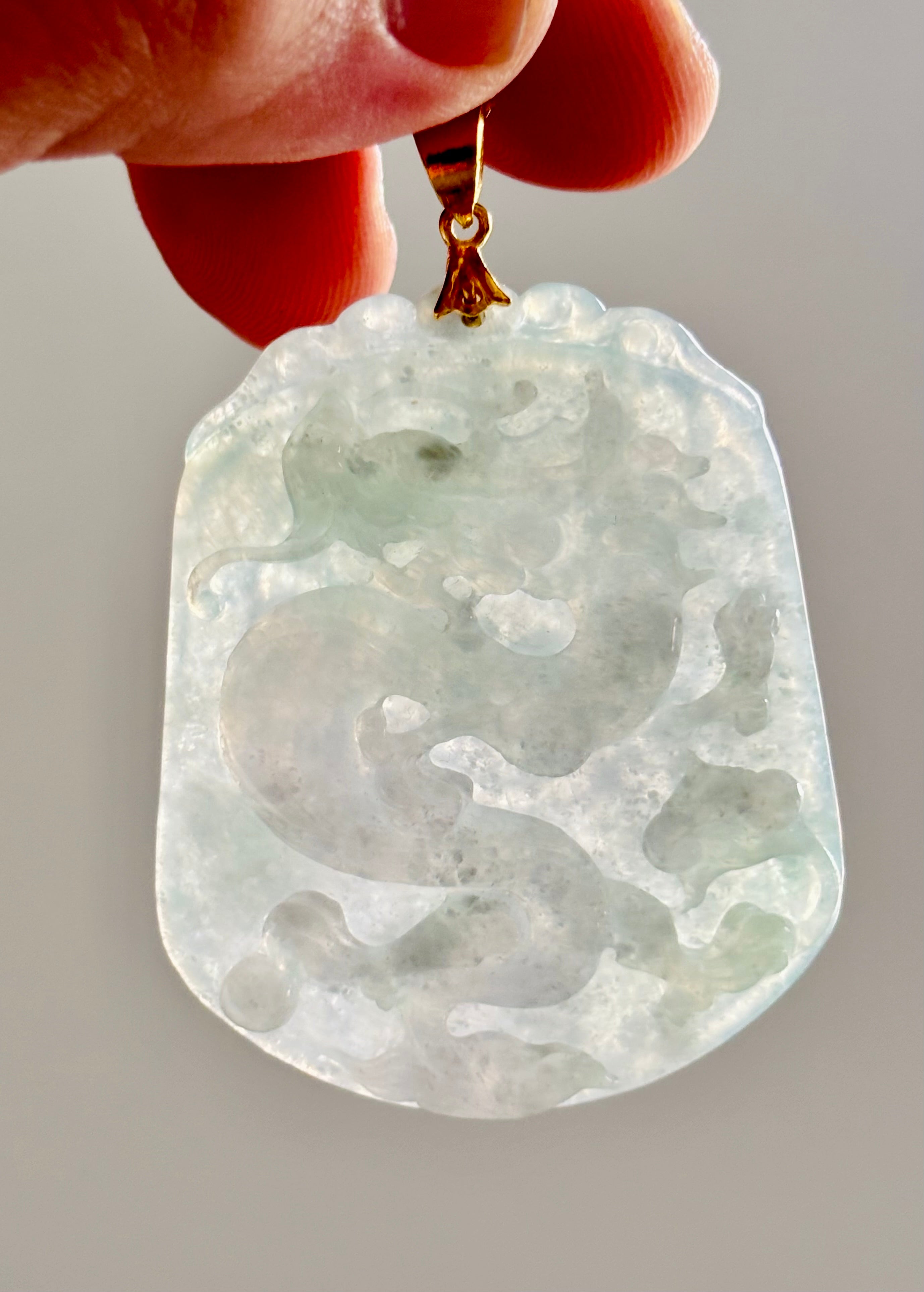 Large Vintage Carved Jadeite Jade Dragon Pendant 24K Fine Gold Bail, Certified