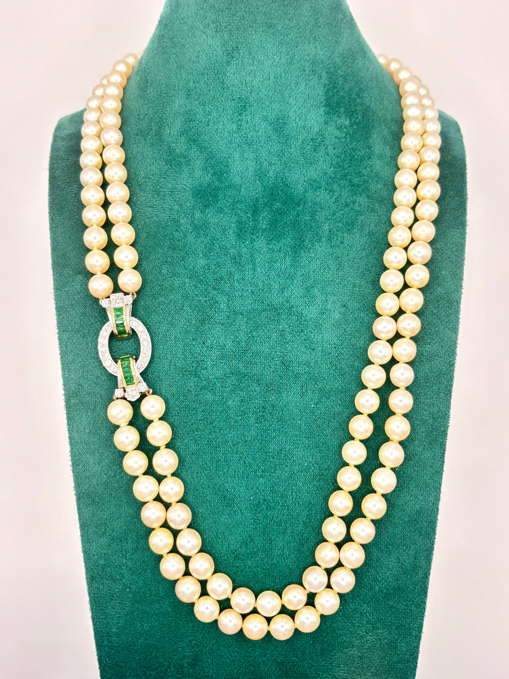 Exceptional Mid-Century Double-Strand Akoya Pearl Necklace 18K Gold Emeralds and Diamonds