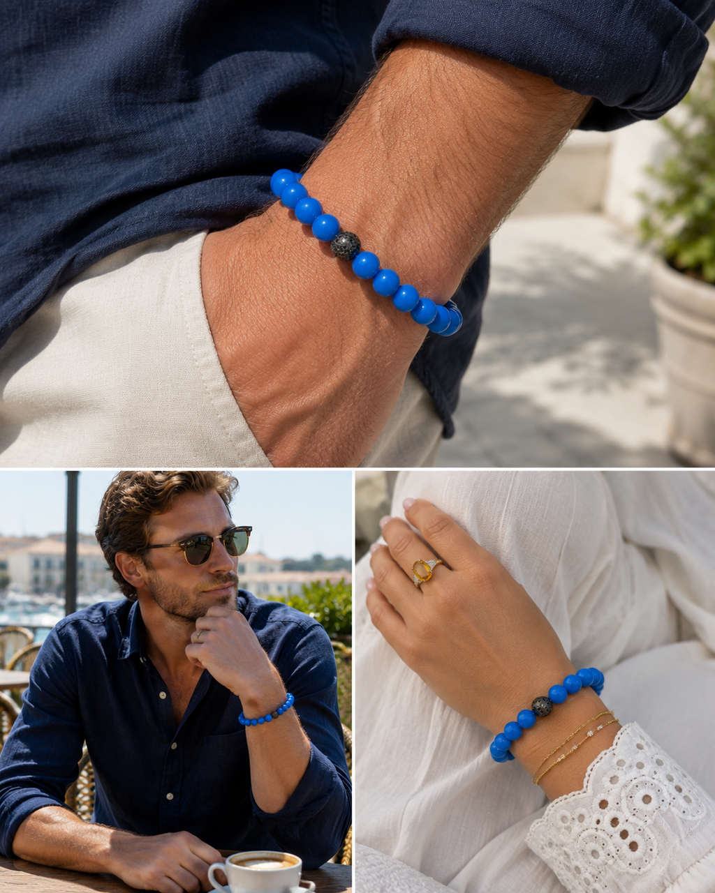 Blue Agate Bracelet with Black Diamond Pavé Sterling Silver Enhancer | 14mm Beads | 41g