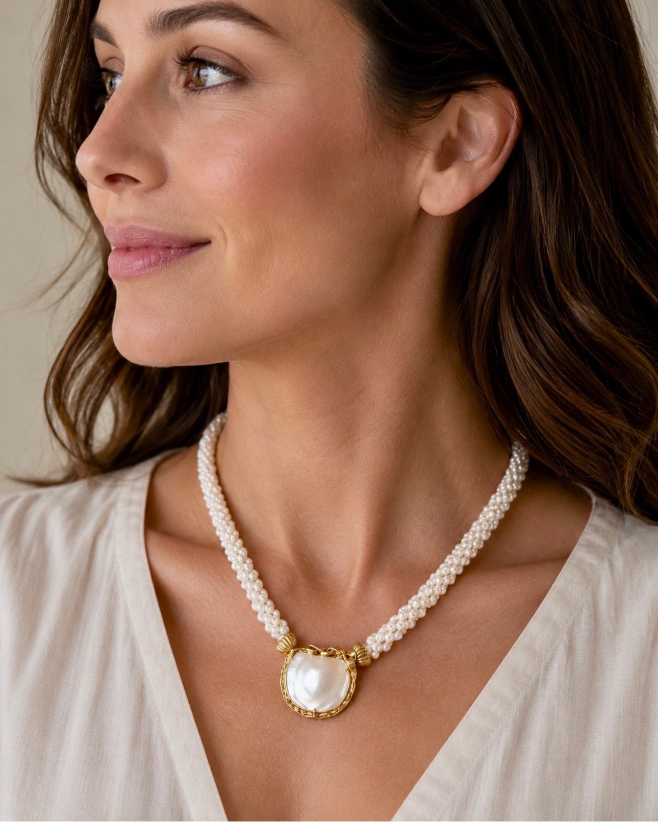 Pearl Necklace with Gold Multi-Strand Freshwater Pearls Large Mother of Pearl Gold Mounted Pendant