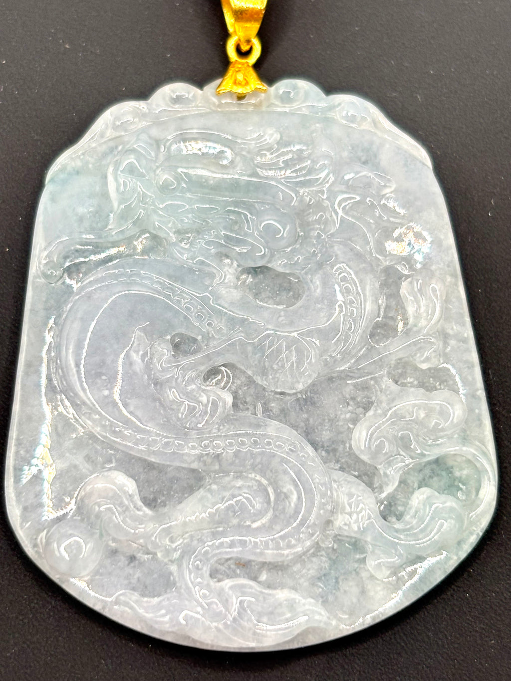 Large Vintage Carved Jadeite Jade Dragon Pendant 24K Fine Gold Bail, Certified