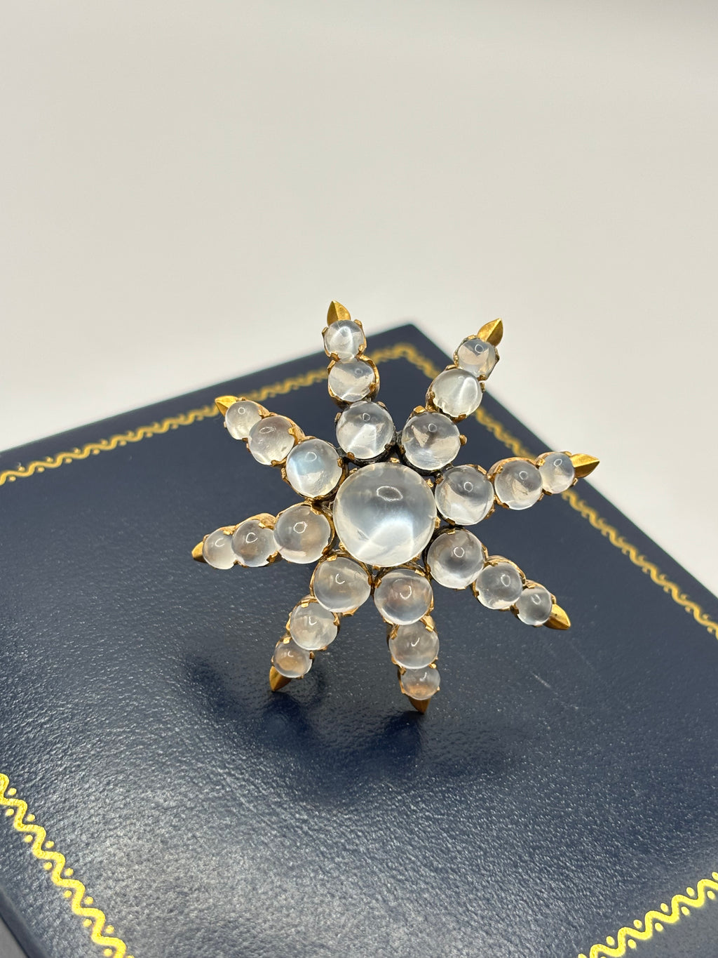 Antique Victorian 18K Gold Moonstone Eight-Ray Star Brooch, Circa 1890