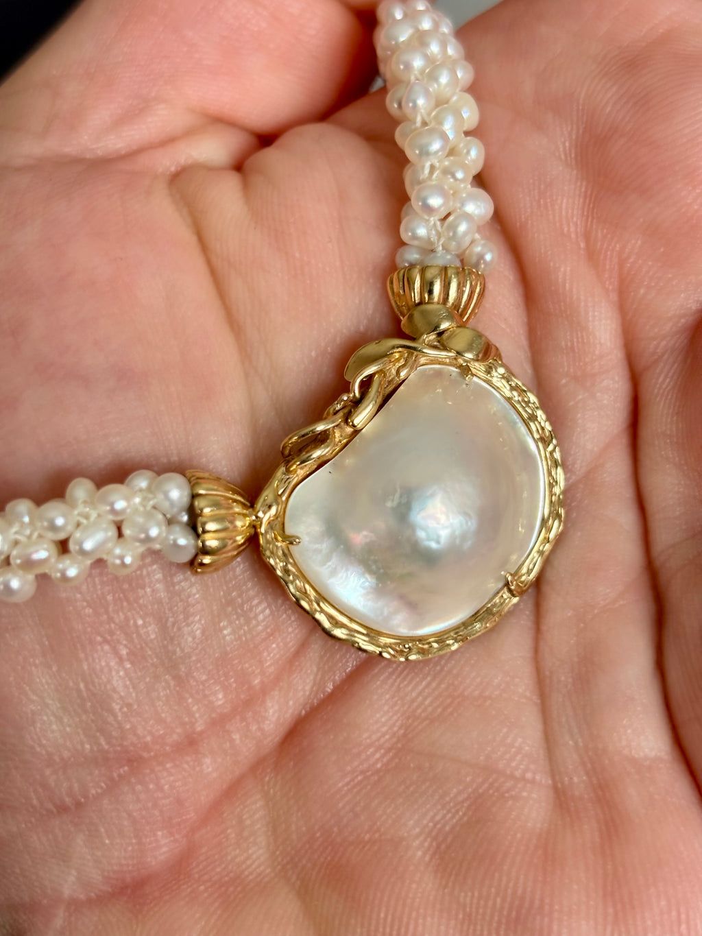Pearl Necklace with Gold Multi-Strand Freshwater Pearls Large Mother of Pearl Gold Mounted Pendant