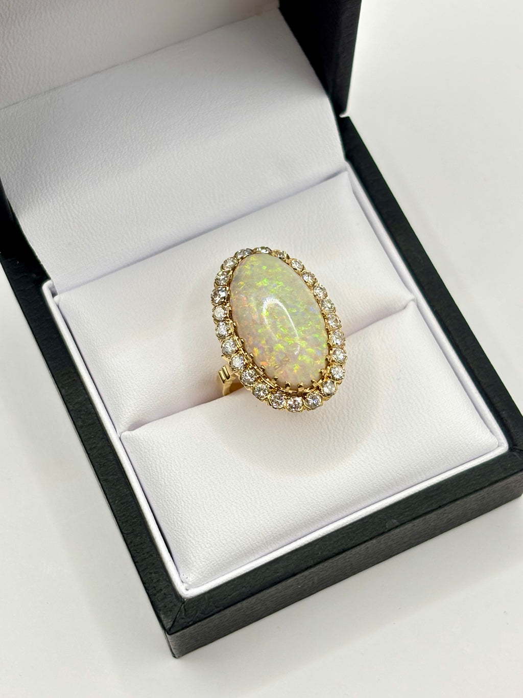 Vintage Large 8.50 carats Australian White Opal Diamond Cluster Ring in 18K Gold