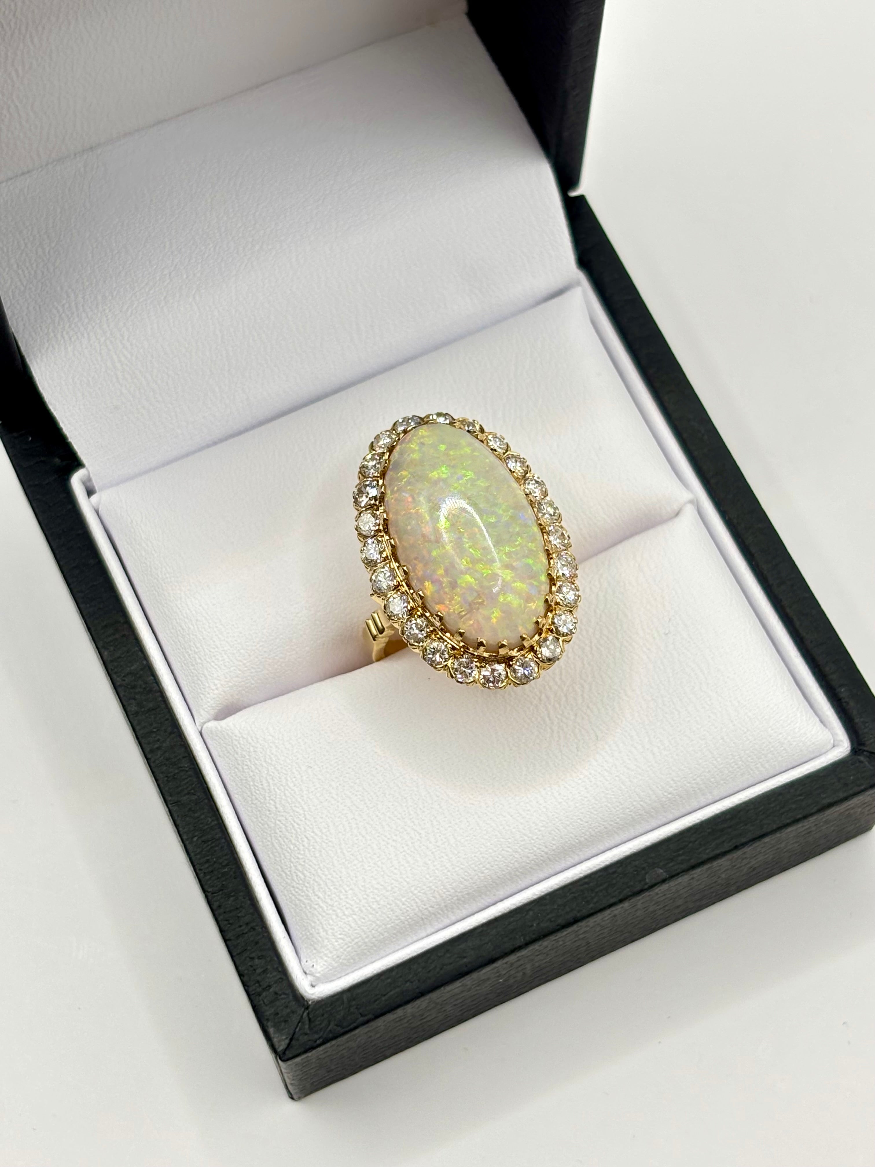 Vintage Large 8.50 carats Australian White Opal Diamond Cluster Ring in 18K Gold