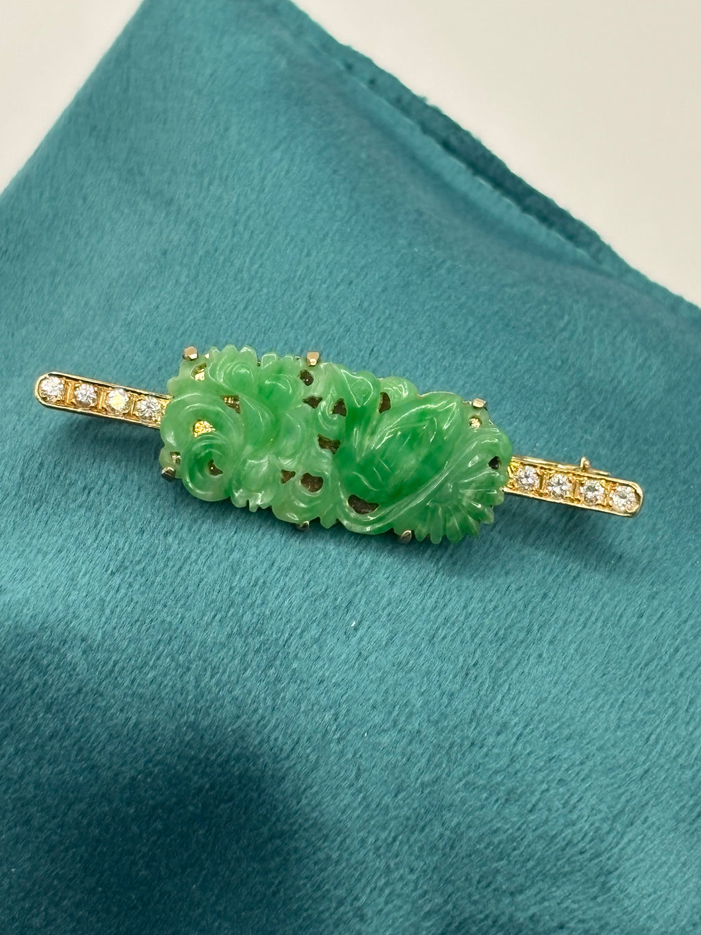 Natural Jadeite Jade and Diamond Brooch, Chinese Carved Jade & Gold, GCS Tested