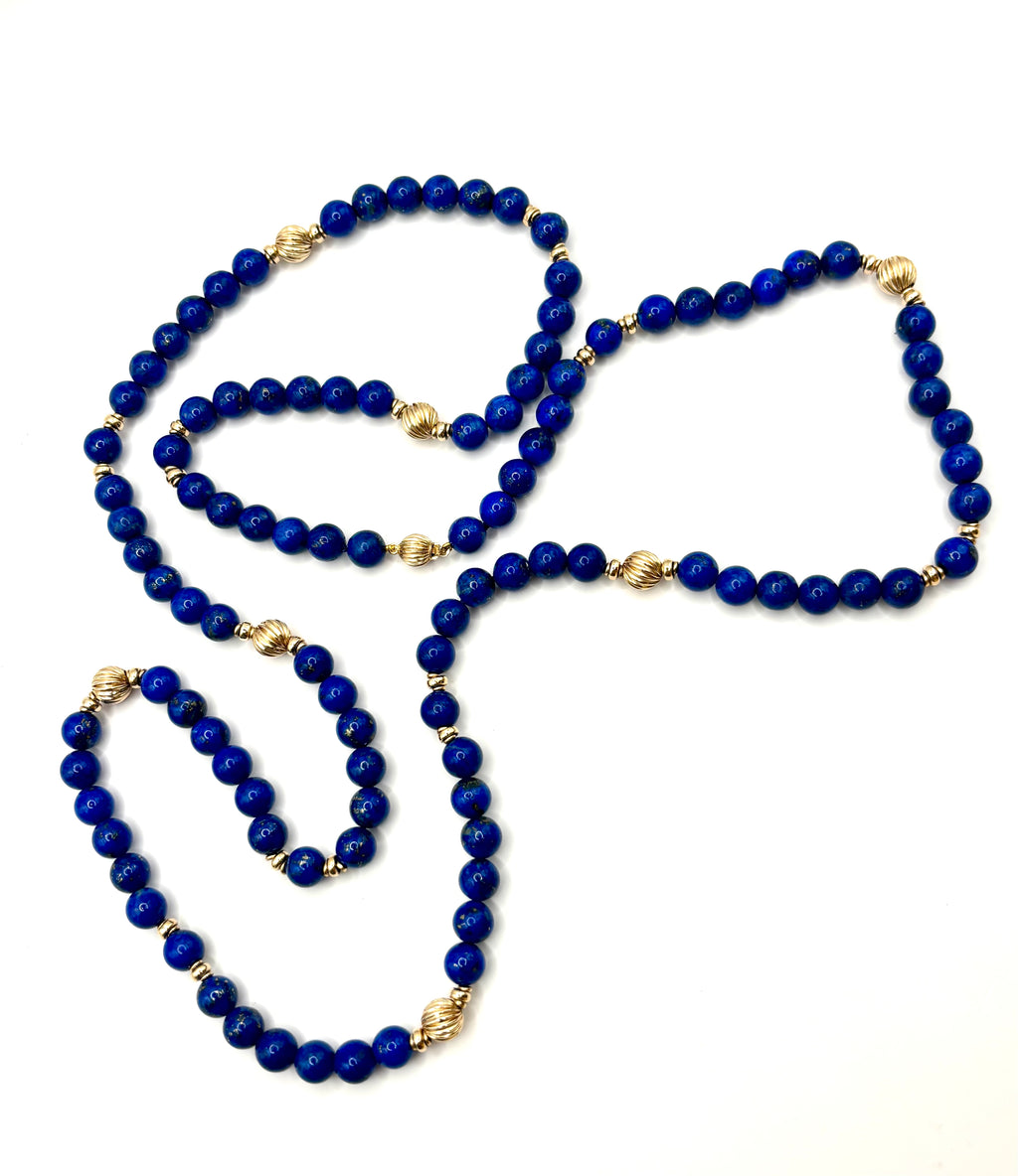 1980s Long Vintage Lapis Lazuli Bead Necklace 9 Carat Gold Fluted Spacers 100cm