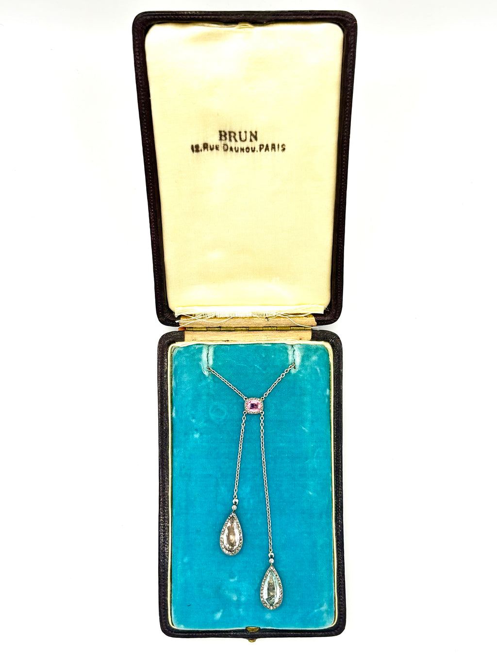 Antique French Edwardian Aquamarine, Pink Tourmaline, Morganite Diamond Negligee Necklace