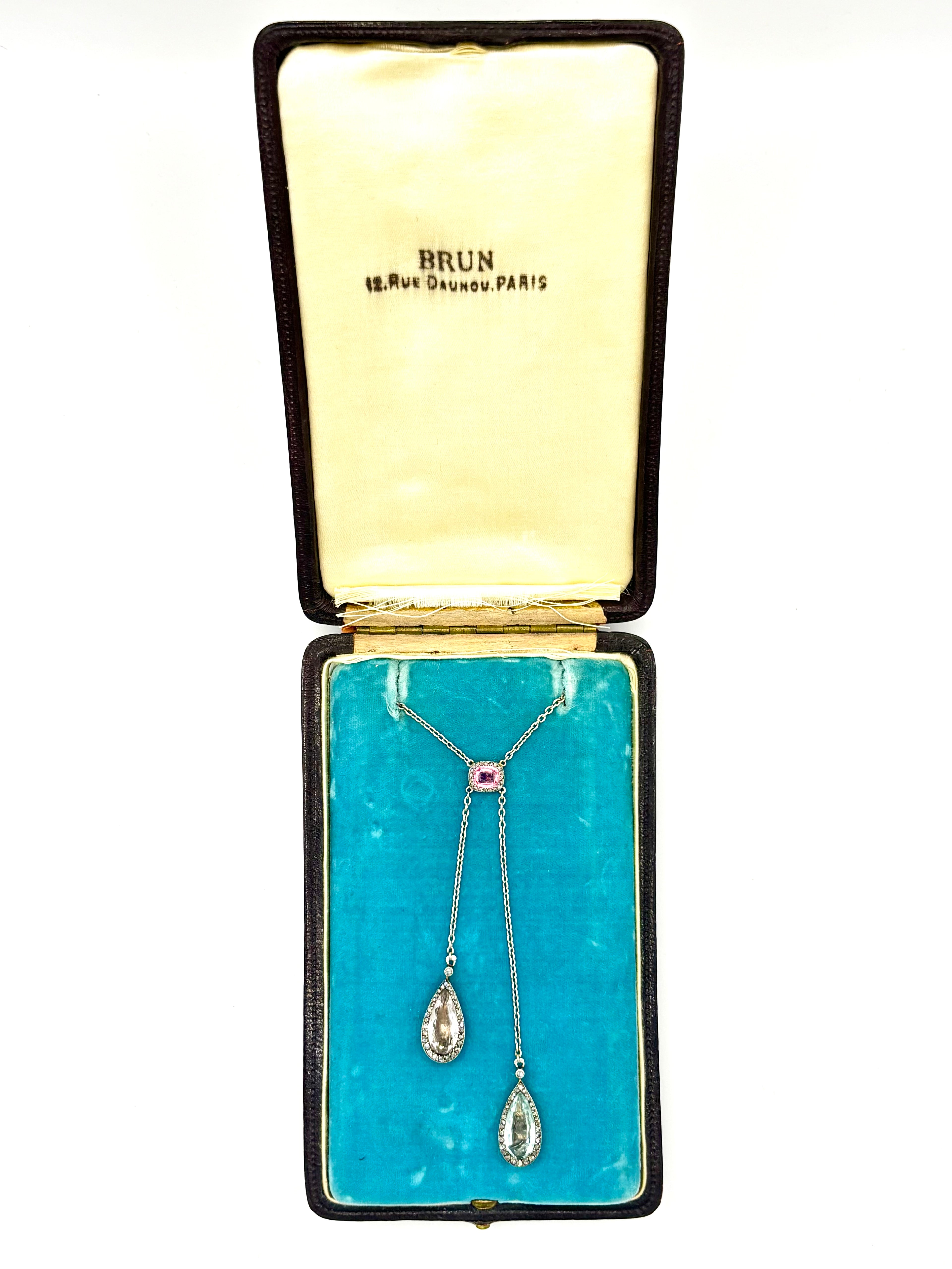 Antique French Edwardian Aquamarine, Pink Tourmaline, Morganite Diamond Negligee Necklace