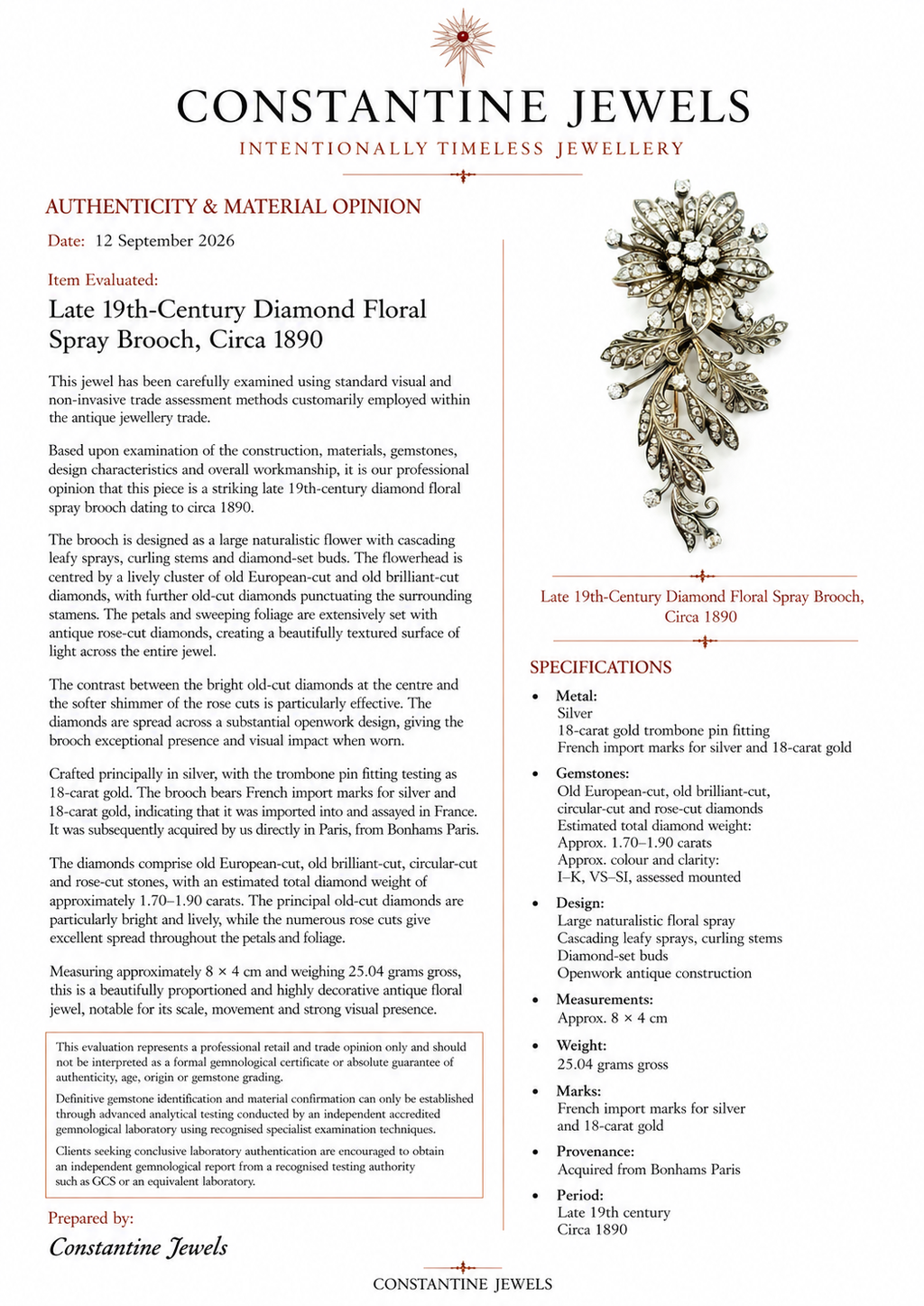 Late 19th Century Floral Spray Brooch with Old European and Rose Cut Diamonds, 8cm long