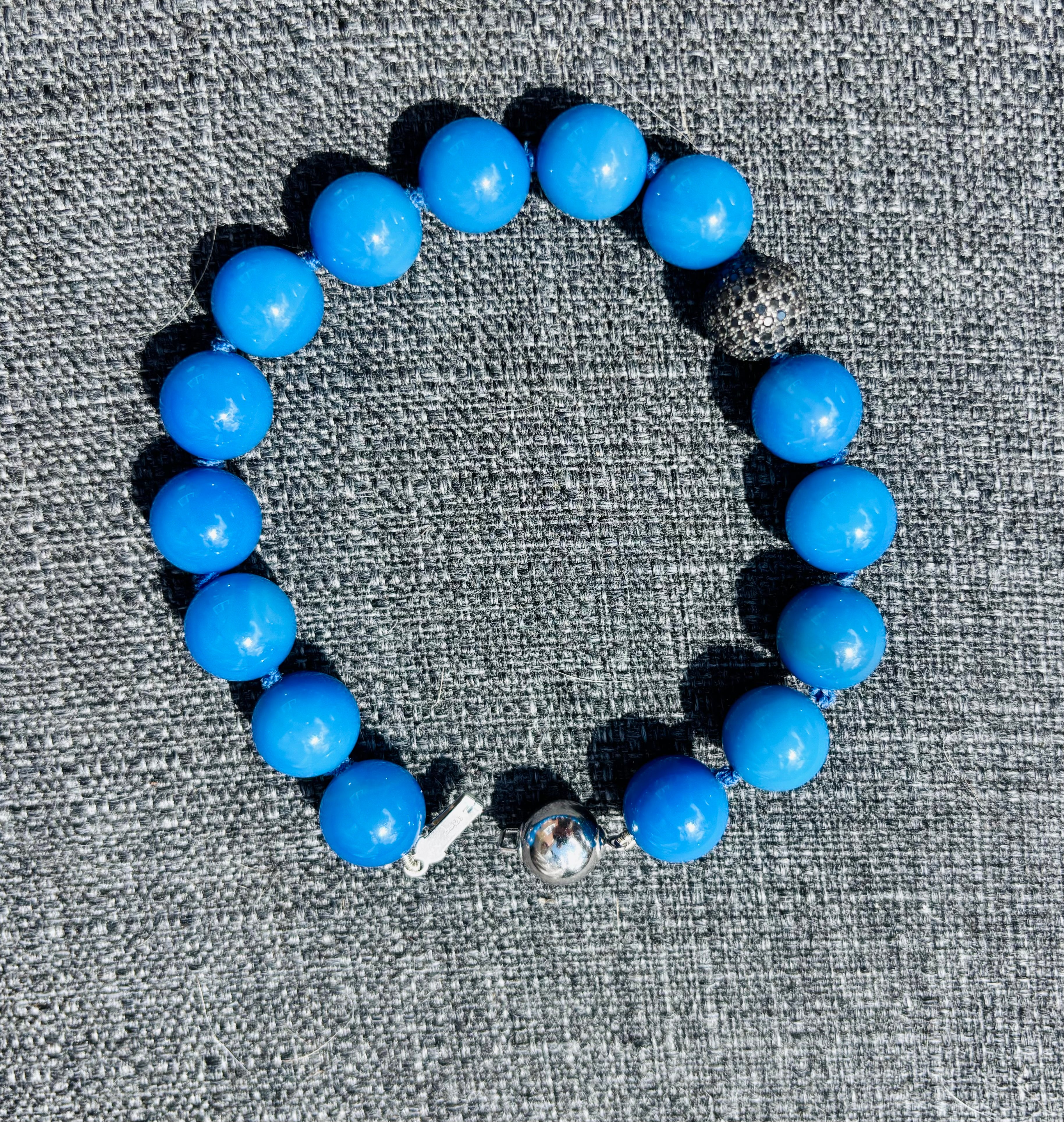 Blue Agate Bracelet with Black Diamond Pavé Sterling Silver Enhancer | 14mm Beads | 41g