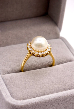 Vintage Pearl and Diamond Cluster Ring, 8mm Pearl, 18ct Gold, London 1987