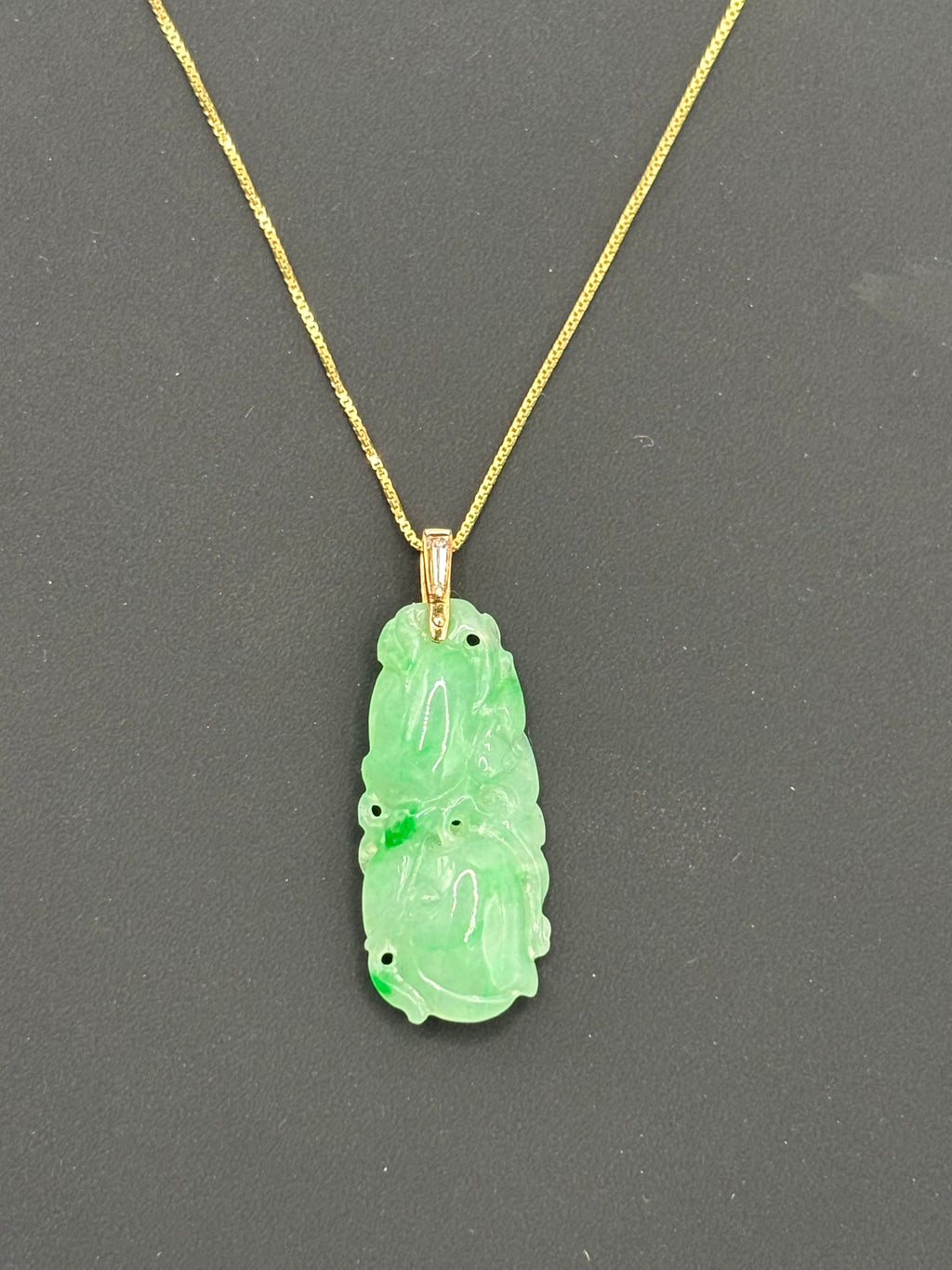 Natural Type A Jadeite Jade Carved Fruit Pendant, 14K Gold & Diamond, GCS Tested