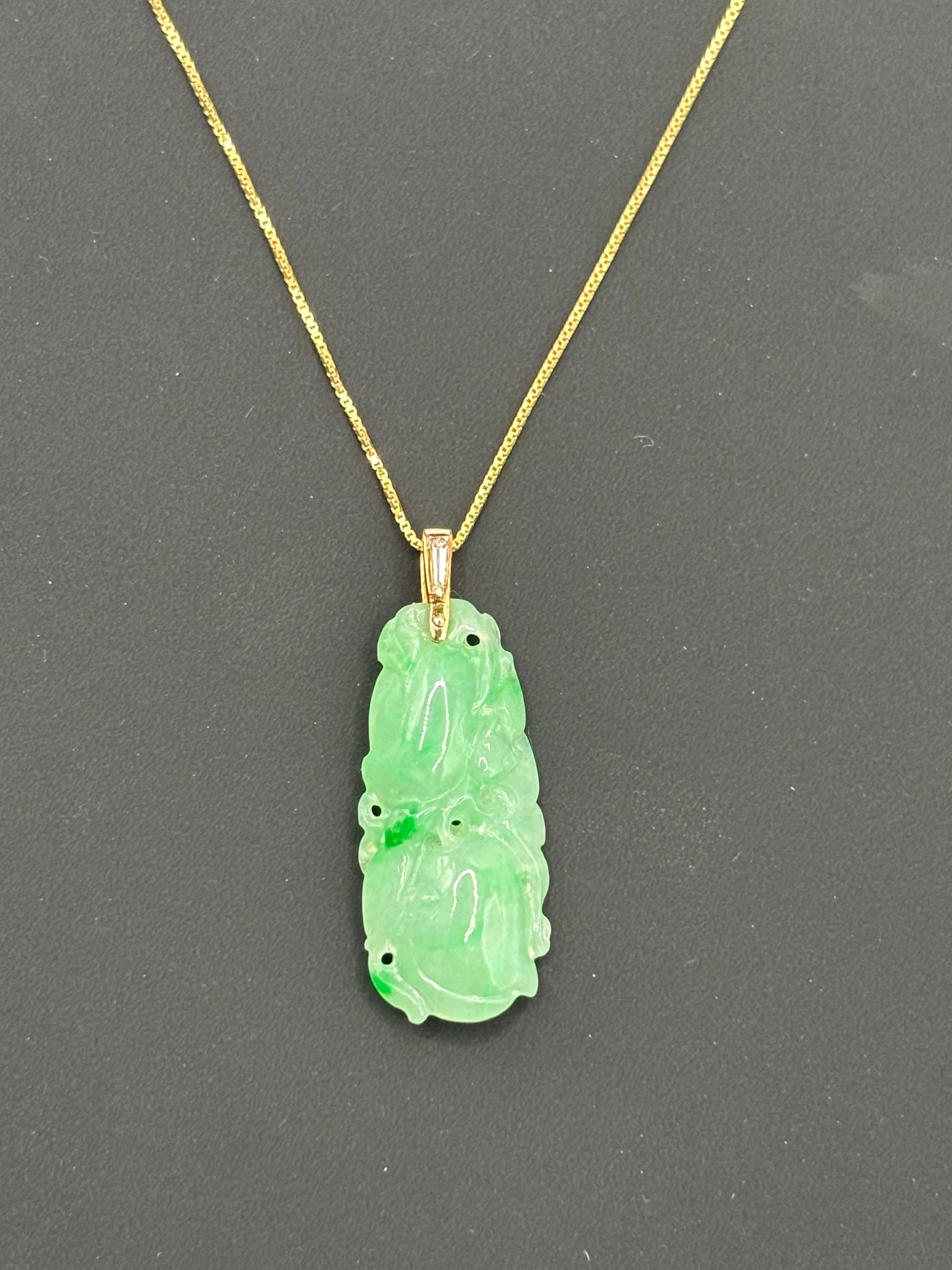 Natural Type A Jadeite Jade Carved Fruit Pendant, 14K Gold & Diamond, GCS Tested