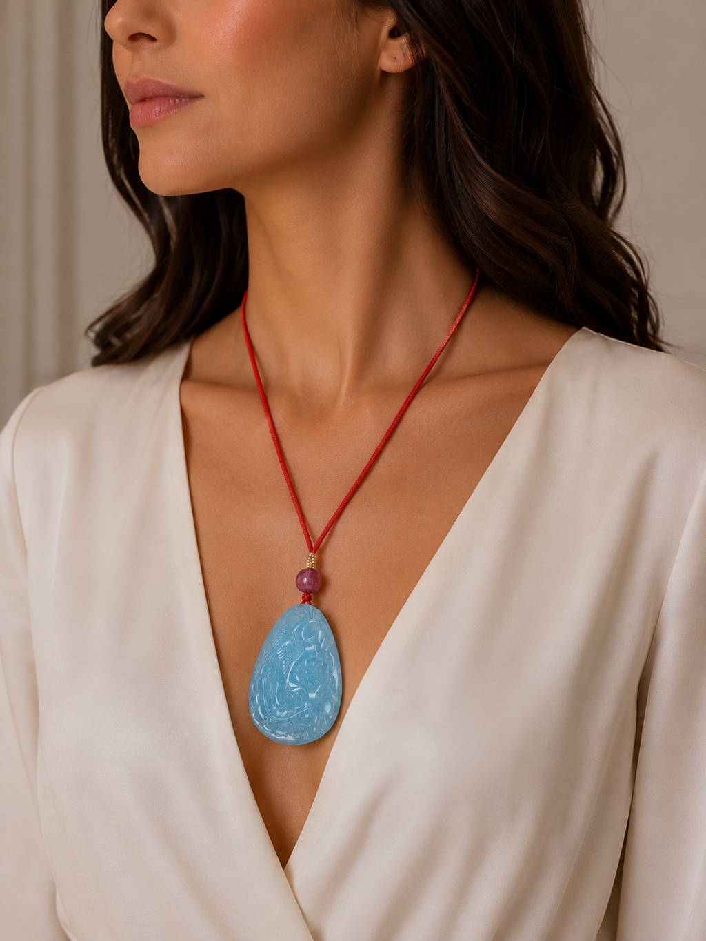 Large Chinese Hand-Carved Aquamarine Pendant with Pink Tourmaline and Seed Pearls