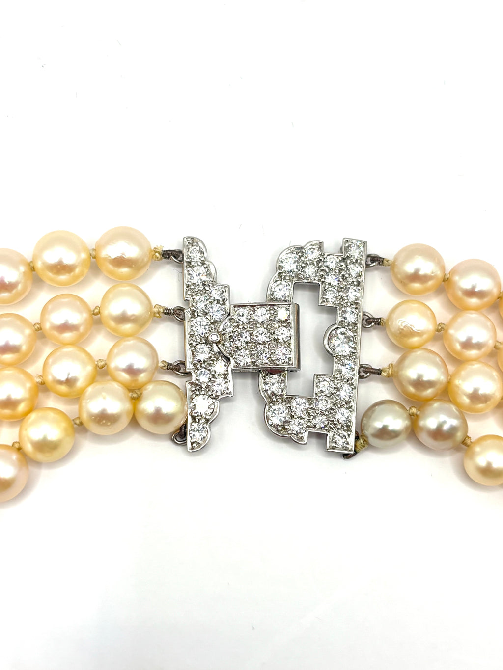 Long Vintage Four-Strand Akoya Pearl Necklace Art Deco Diamonds & Platinum Clasp 1950’s