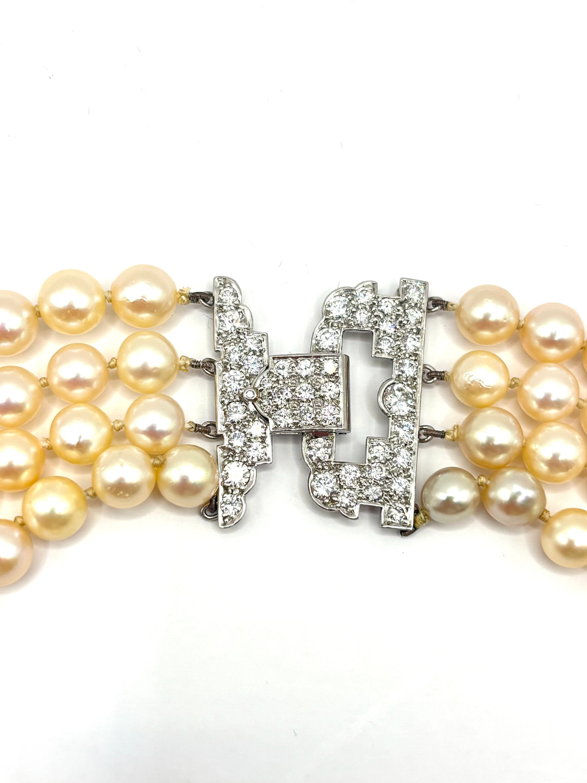Long Vintage Four-Strand Akoya Pearl Necklace Art Deco Diamonds & Platinum Clasp 1950’s