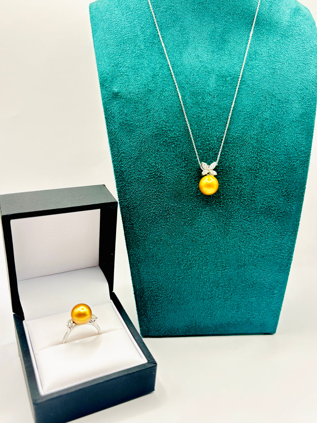 Golden South Sea Pearl and Diamond Necklace and Ring Suite 18K