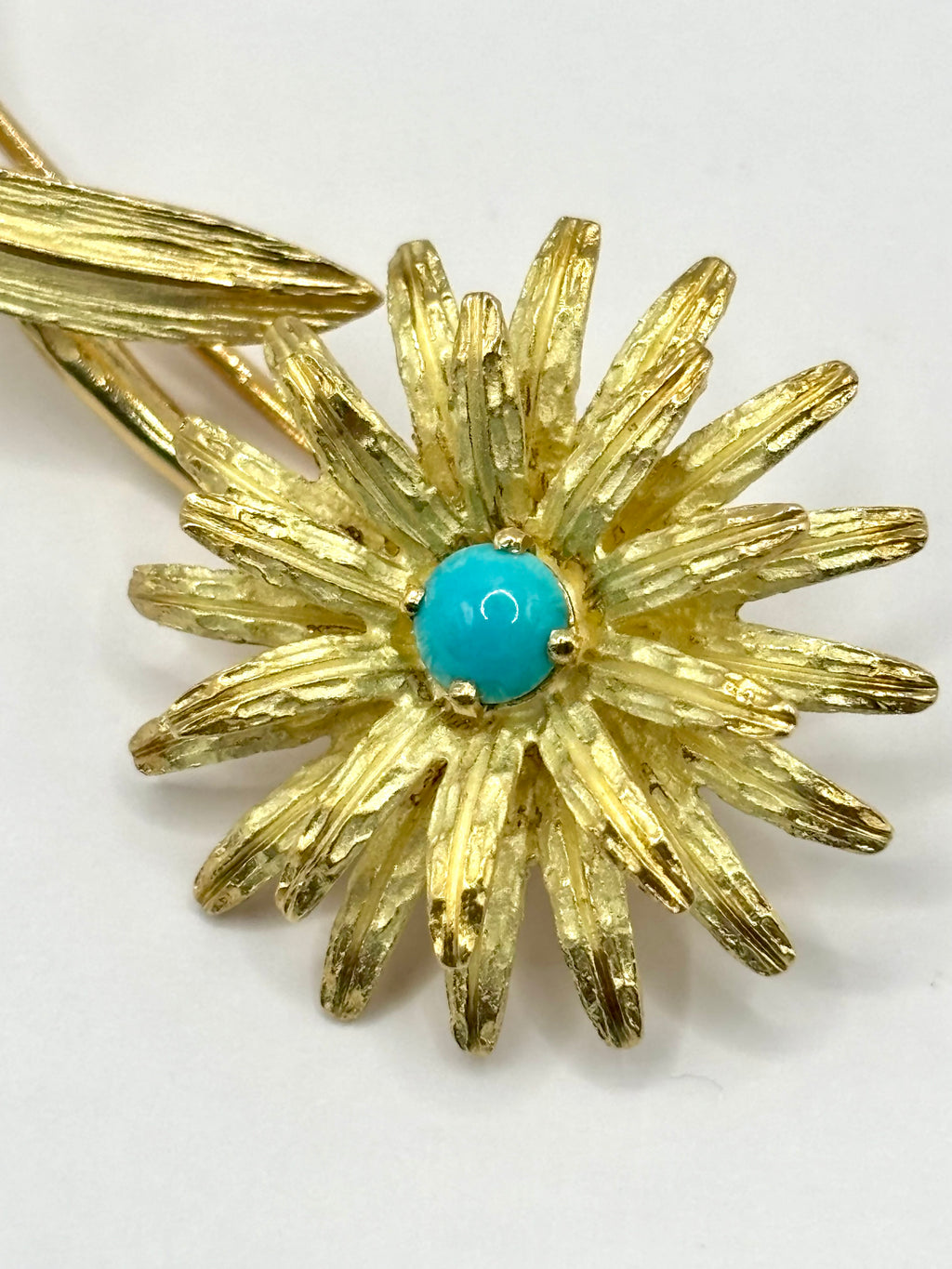 Vintage Tiffany & Co. France Turquoise Flower Brooch in Textured 18K Gold, 1960