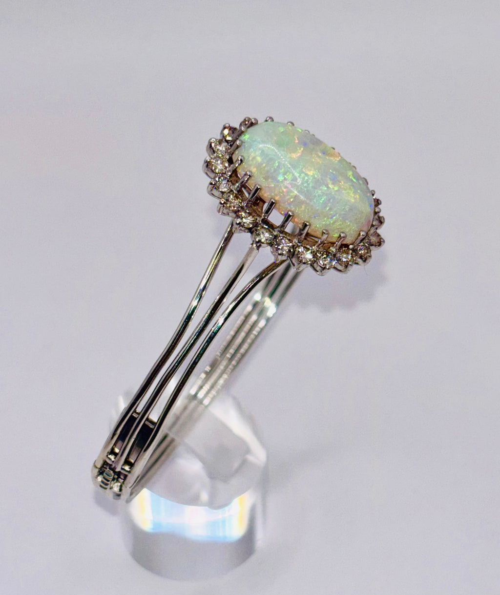 Vintage Opal Bangle 9.63 Carat Opal, 1.8 Carat Diamond 14K White Gold