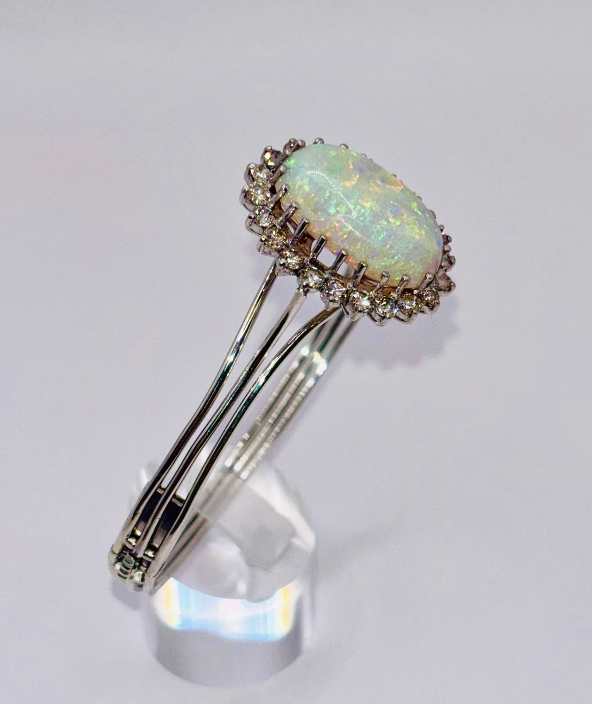 Vintage Opal Bangle 9.63 Carat Opal, 1.8 Carat Diamond 14K White Gold